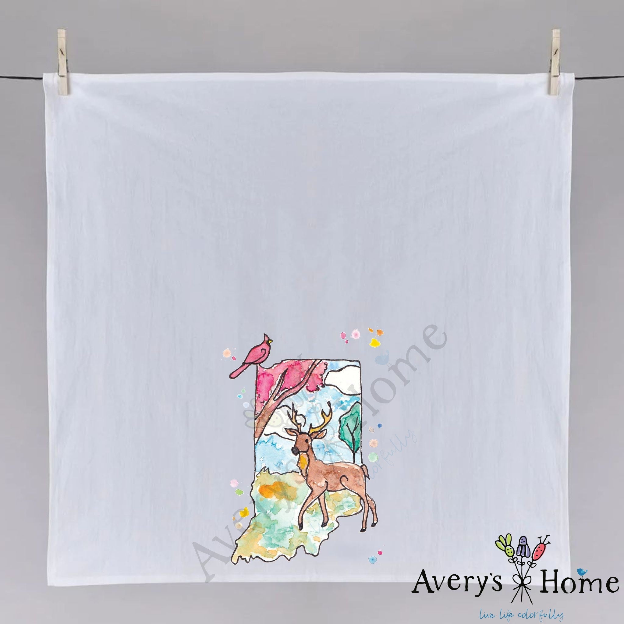 Indiana State Design dish towel hanging in the kitchen