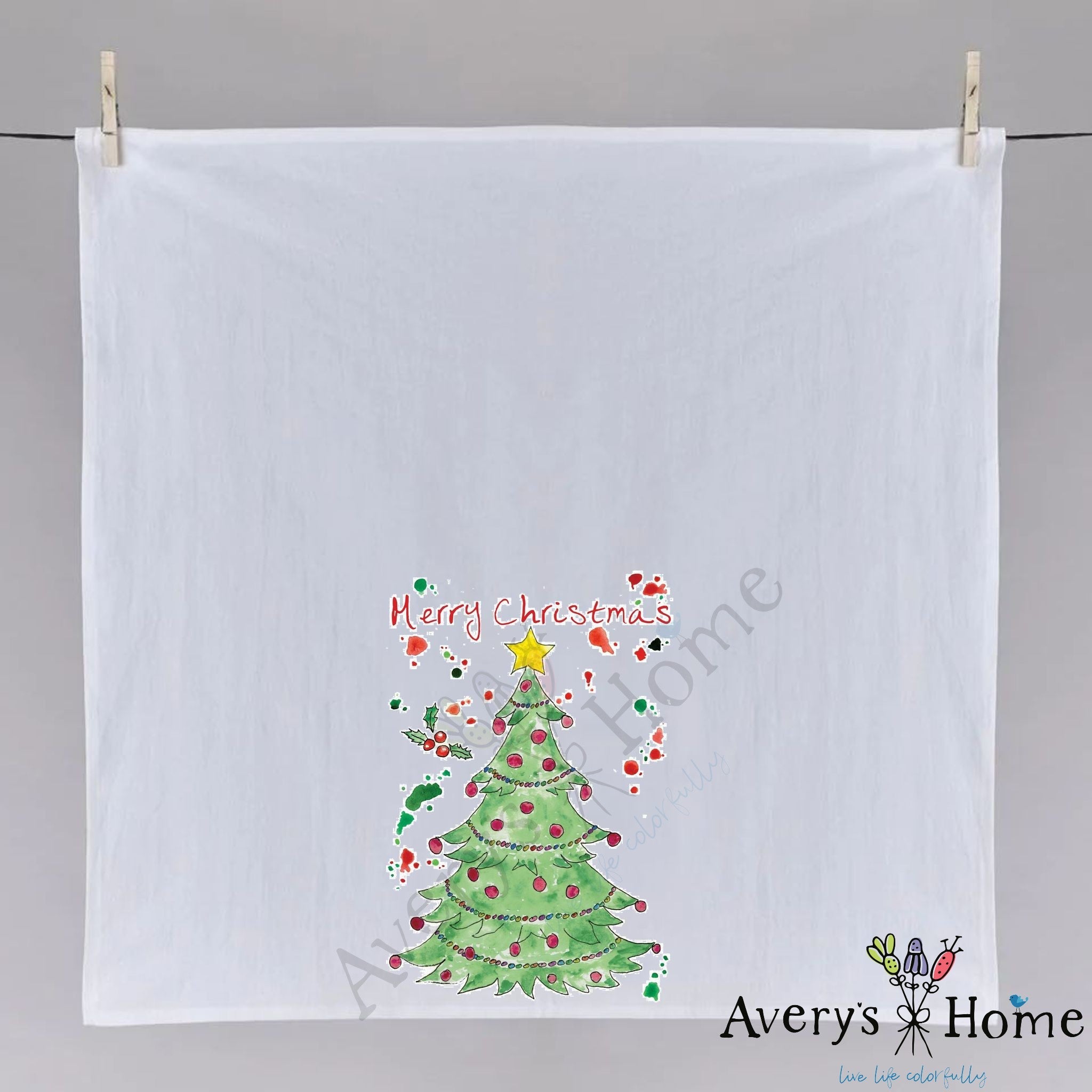 Christmas Tree dish towel hanging in the kitchen