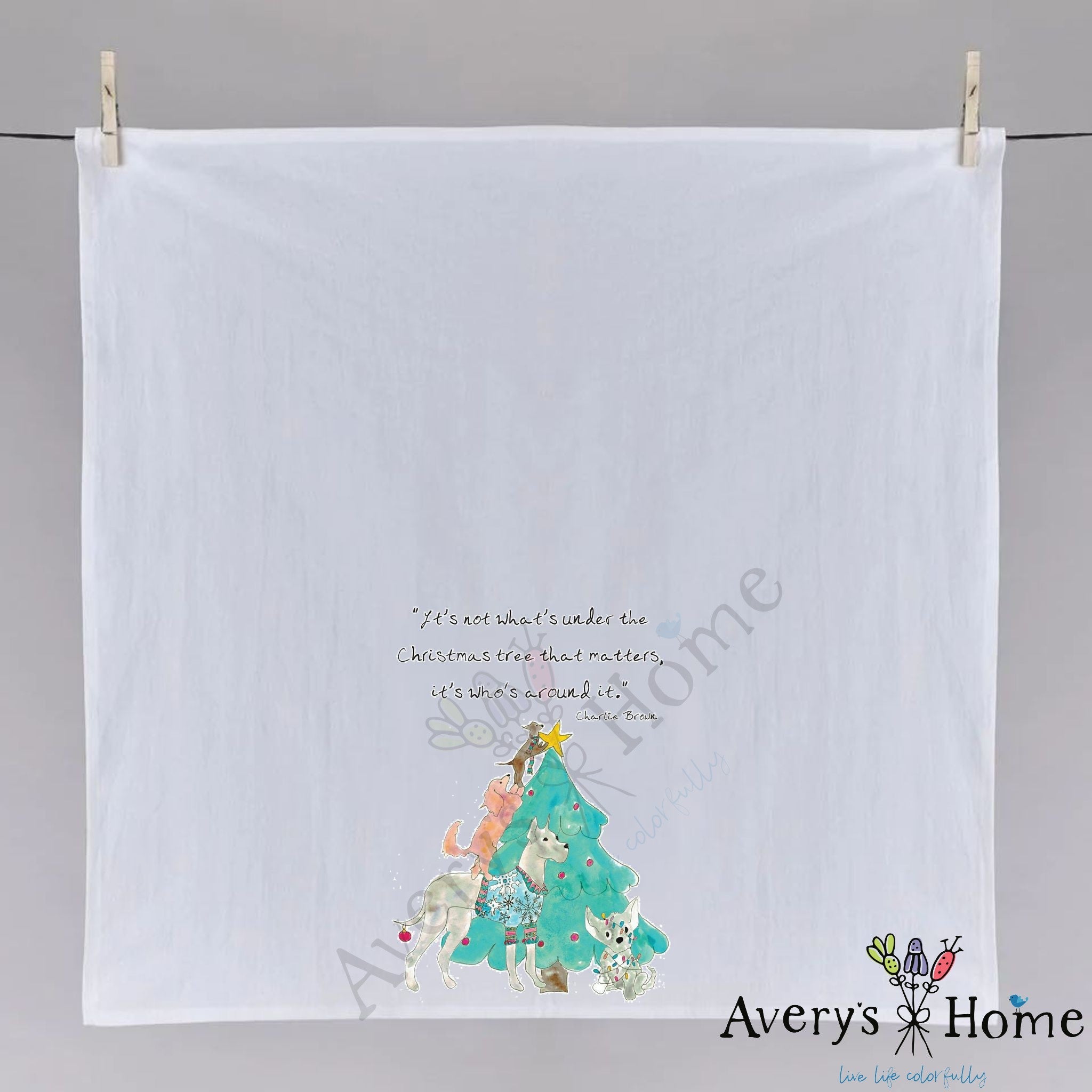 Dogs with Christmas Tree dish towel hanging in the kitchen
