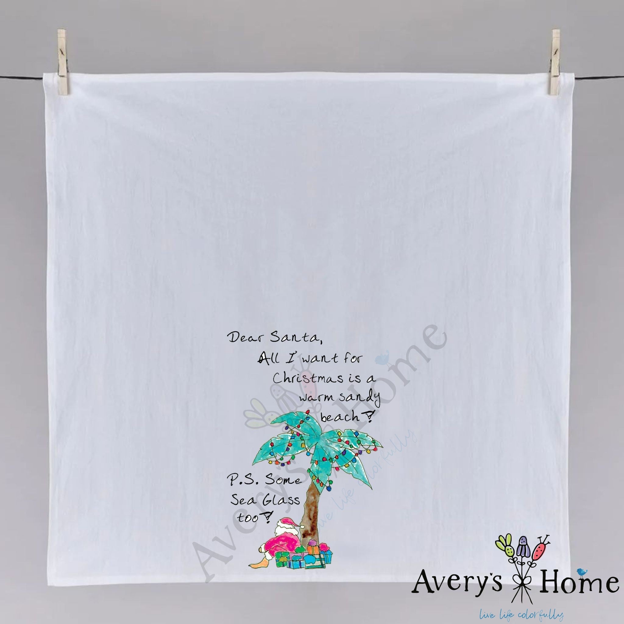 Dear Santa, Coastal Christmas dish towel hanging in the kitchen