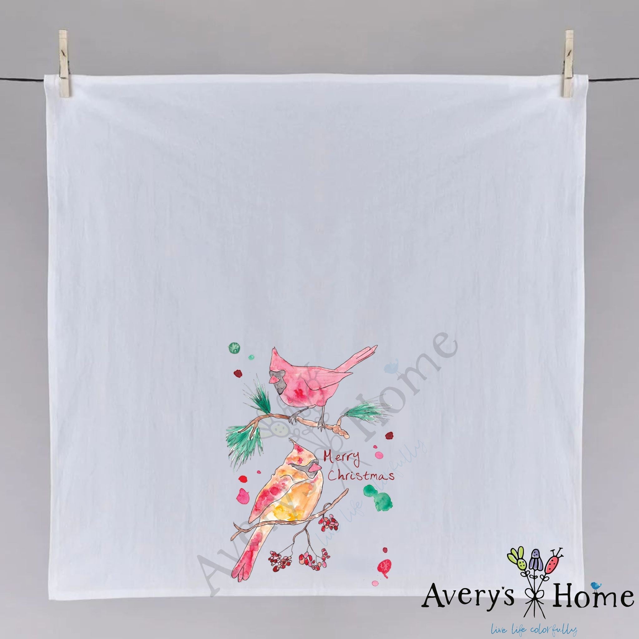 Cardinal Merry Christmas dish towel fully open, 27x27 flour sack cotton