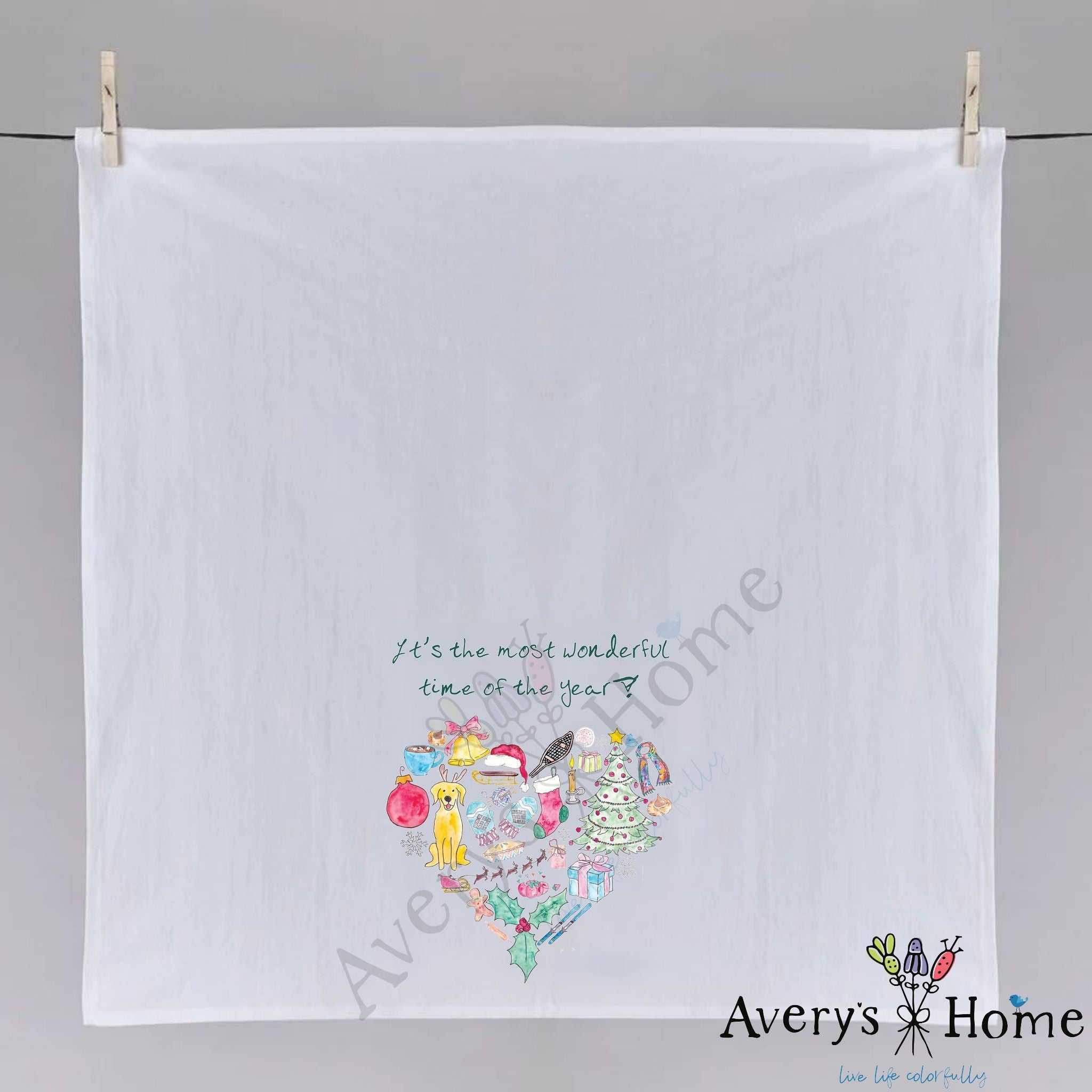 Christmas Time is Wonderful dish towel folded, hemmed on all four sides