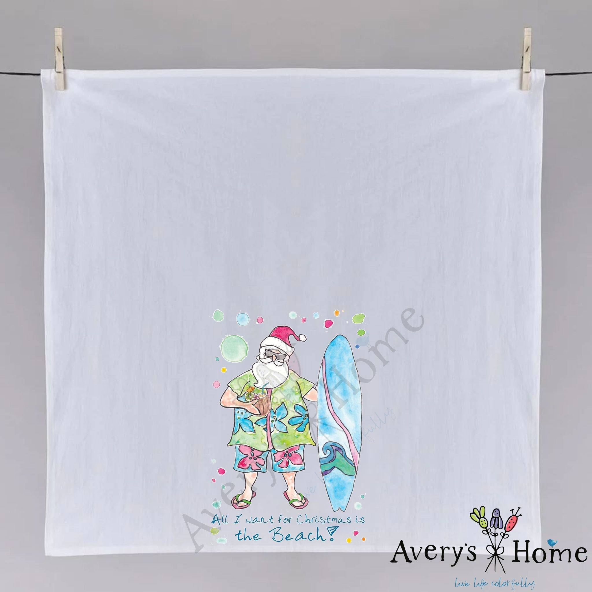 All I Want for Christmas is the Beach dish towel fully open, 27x27 flour sack cotton