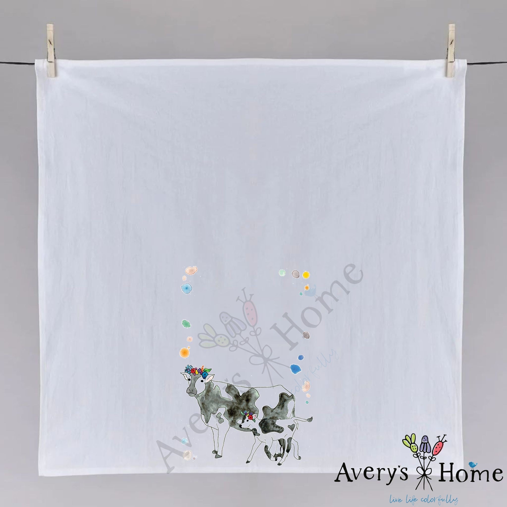 Cows dish towel fully open, 27x27 flour sack cotton