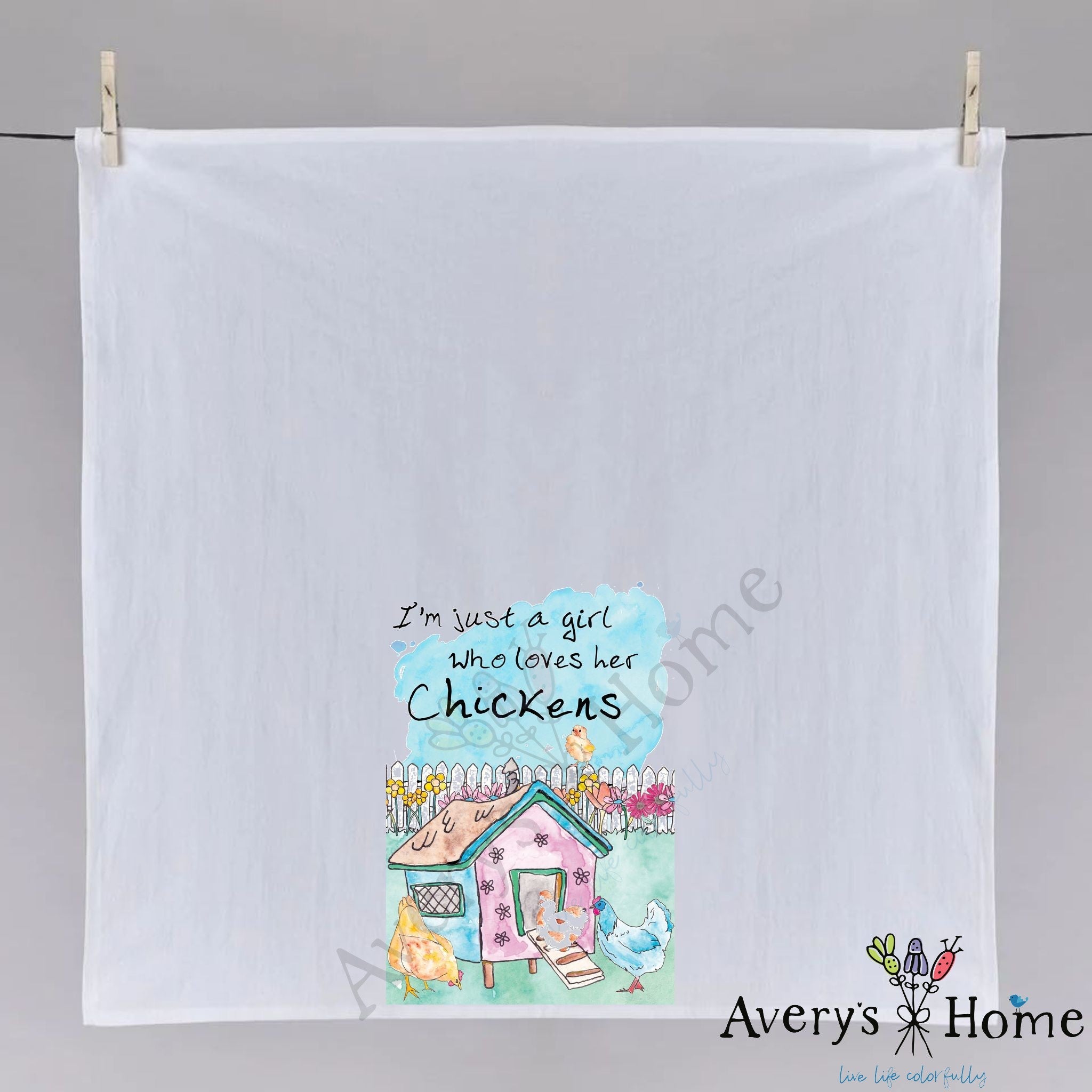 Girl Who Loves Chickens dish towel hanging in the kitchen