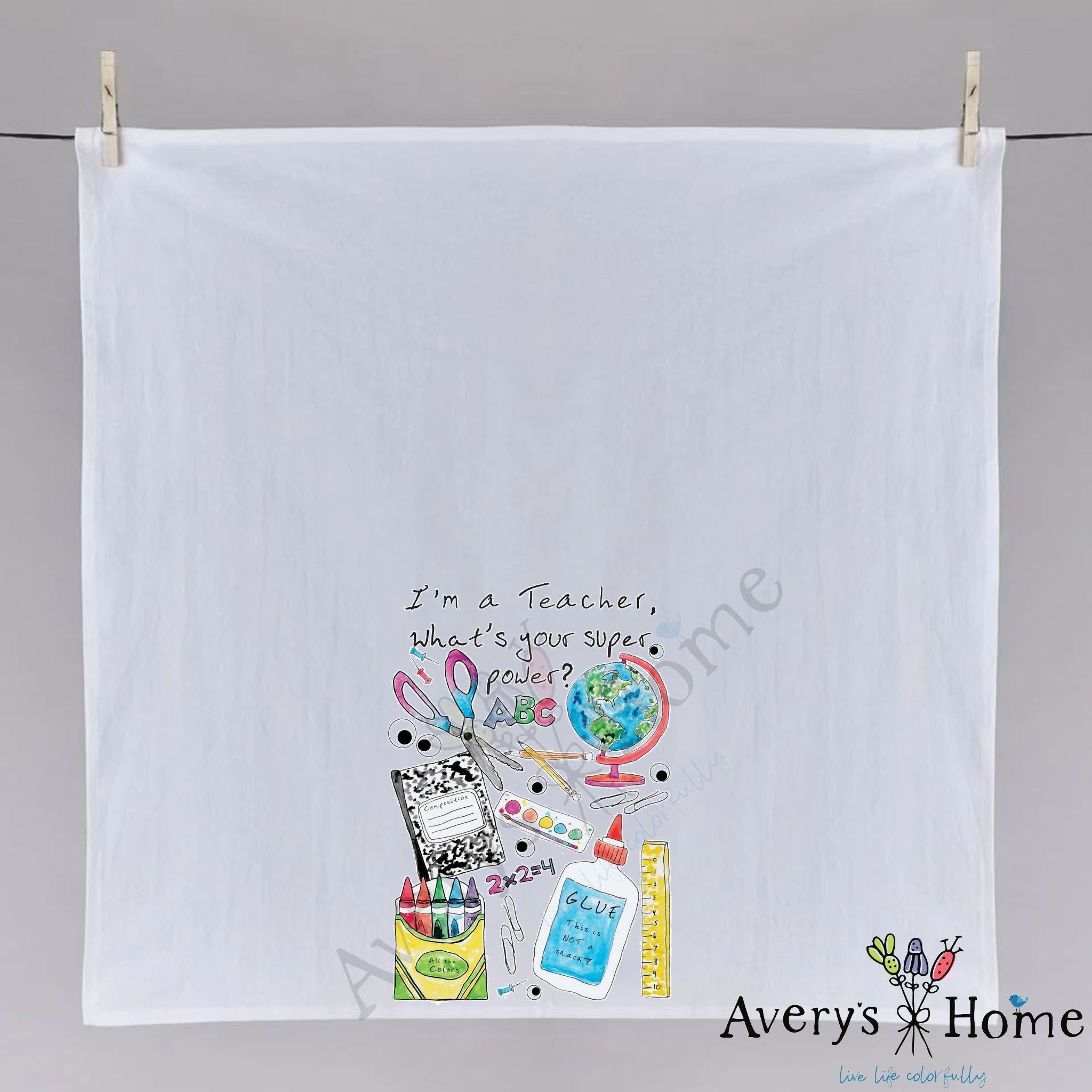 I'm a Teacher dish towel hanging in the kitchen