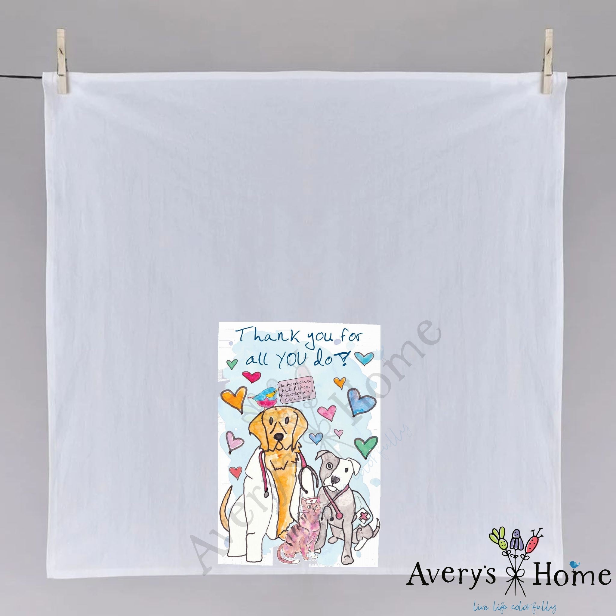 Thank You Medical Personnel dish towel hanging in the kitchen