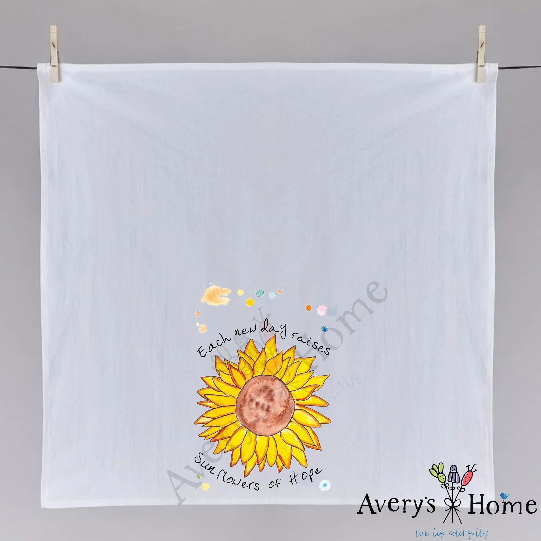 Sunflowers of Hope dish towel folded, hemmed on all four sides