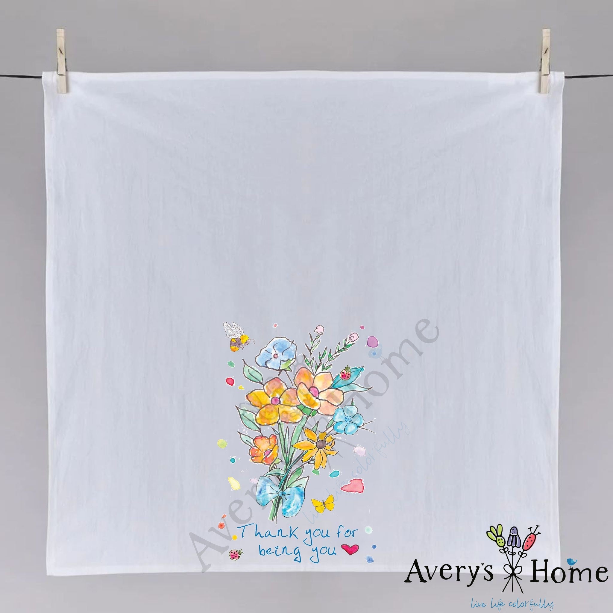 Thank You for Being You dish towel hanging in the kitchen