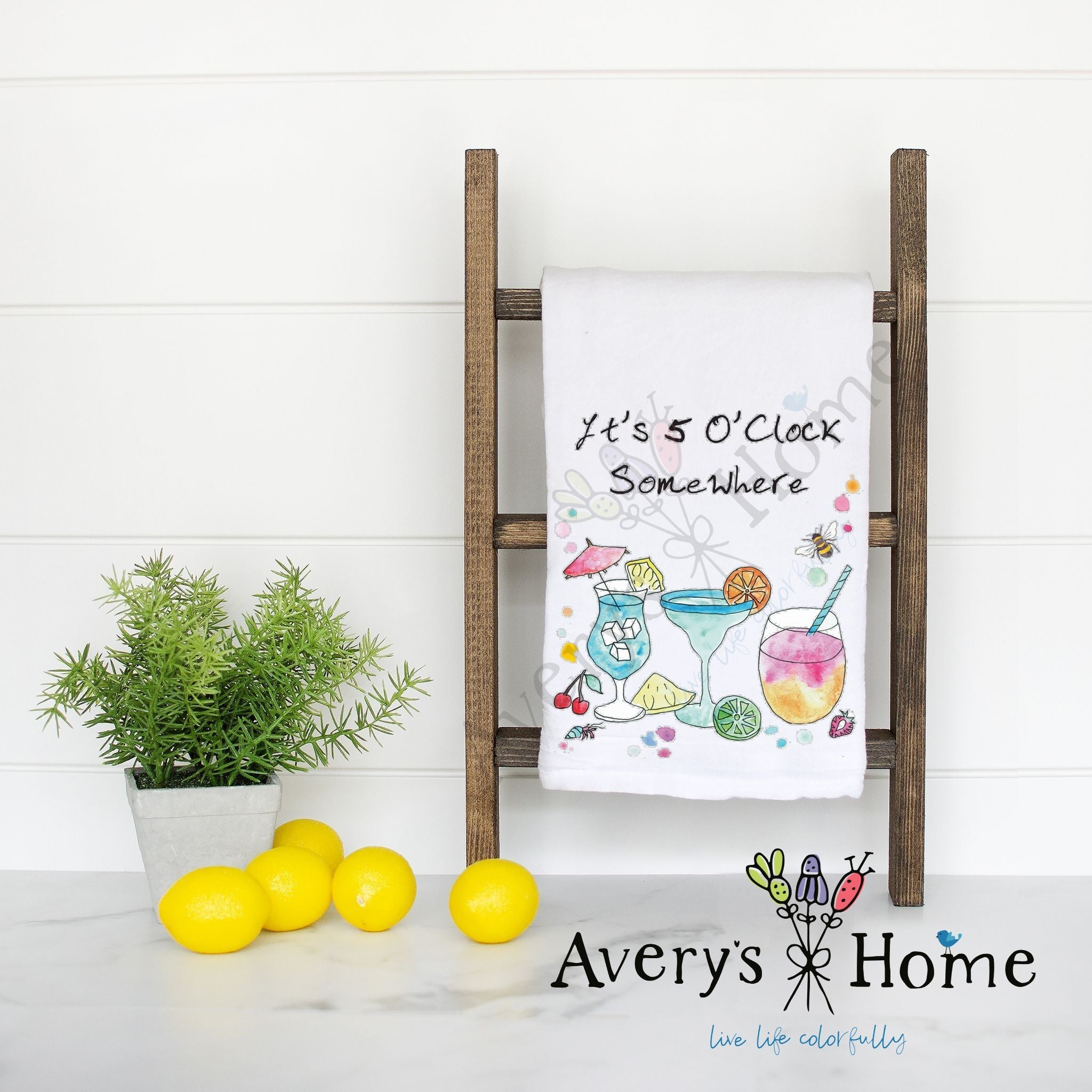 5 O'Clock Somewhere flour sack dish towel, art by Avery Jackson