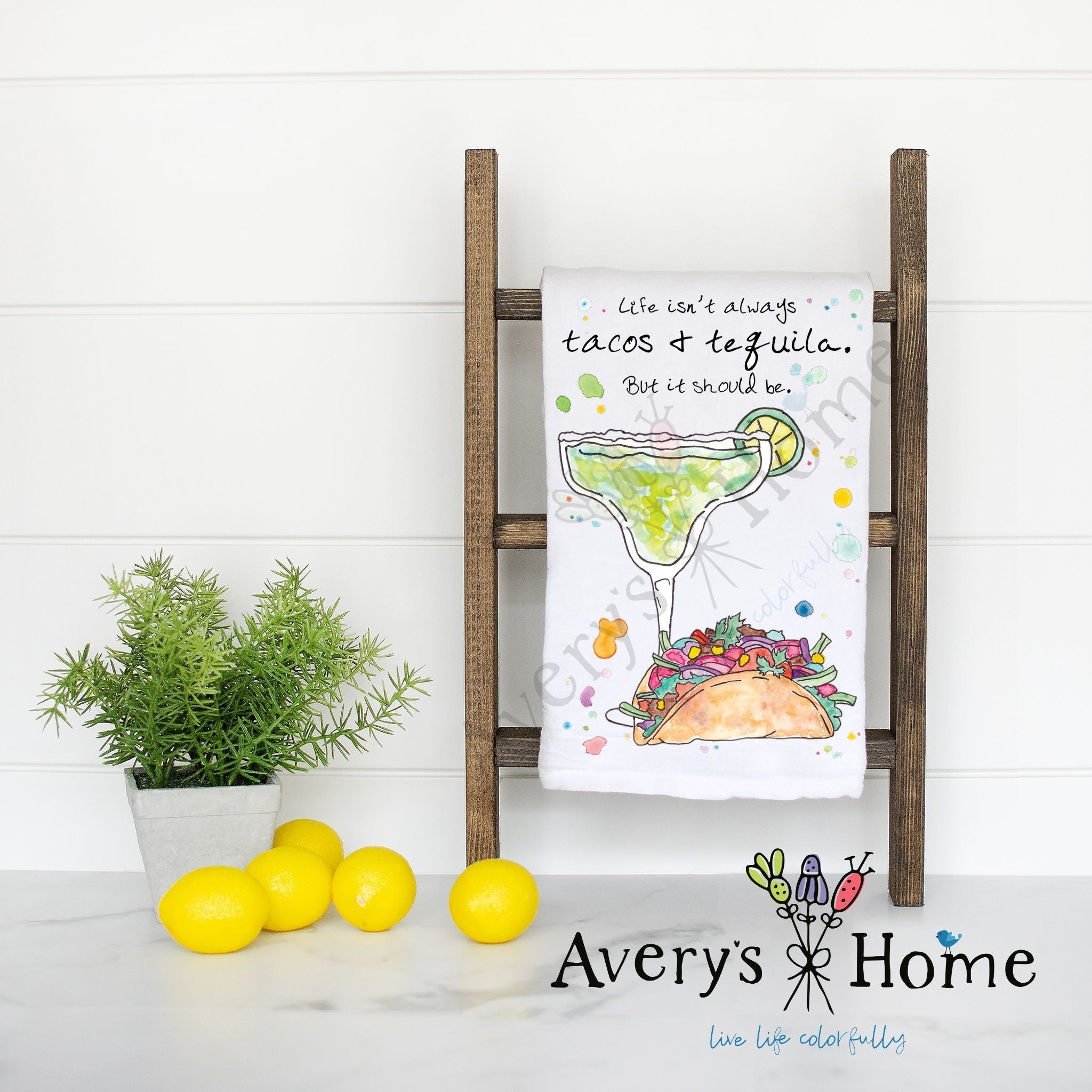 Tacos and Tequila flour sack dish towel, art by Avery Jackson
