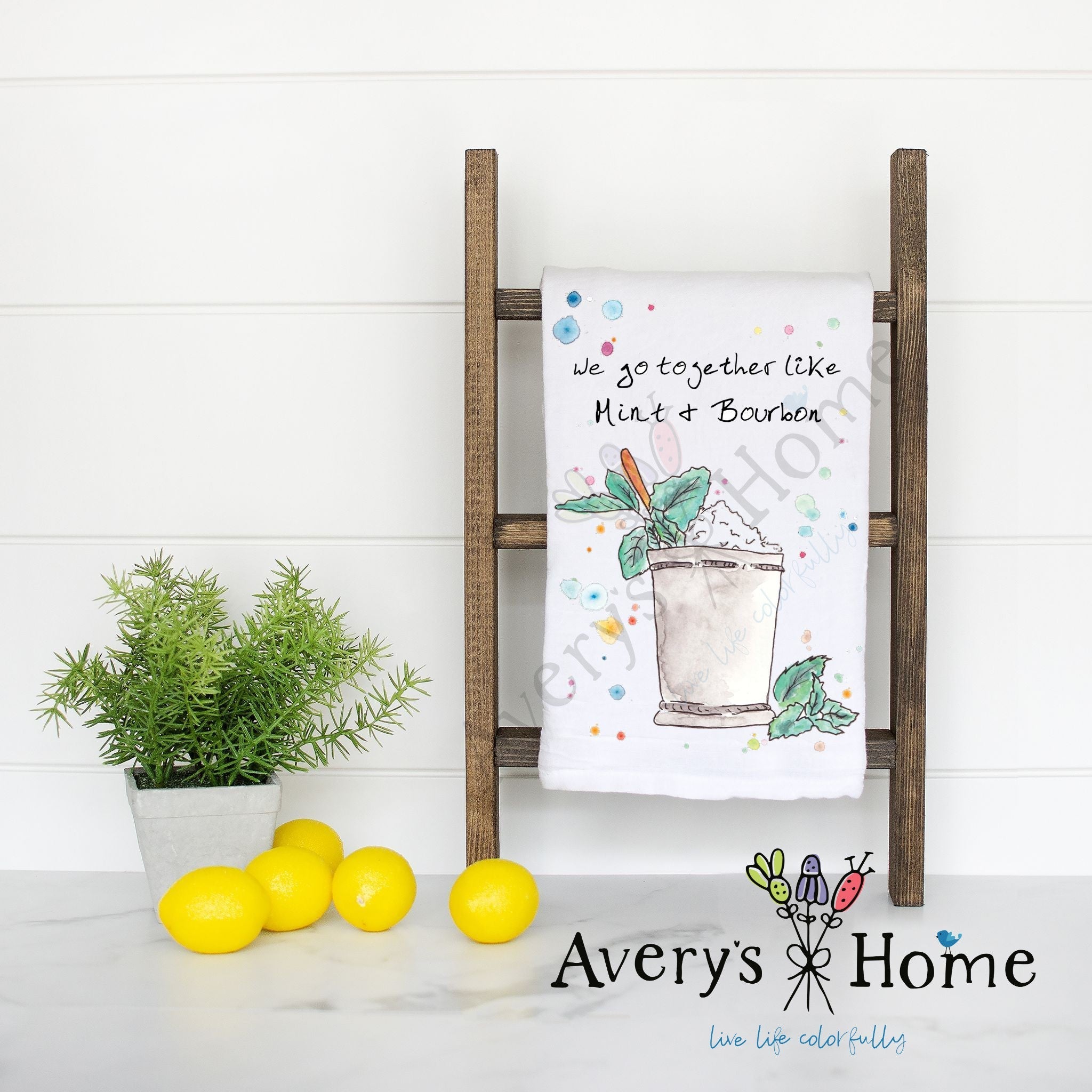 Mint and Bourbon Derby flour sack dish towel, art by Avery Jackson
