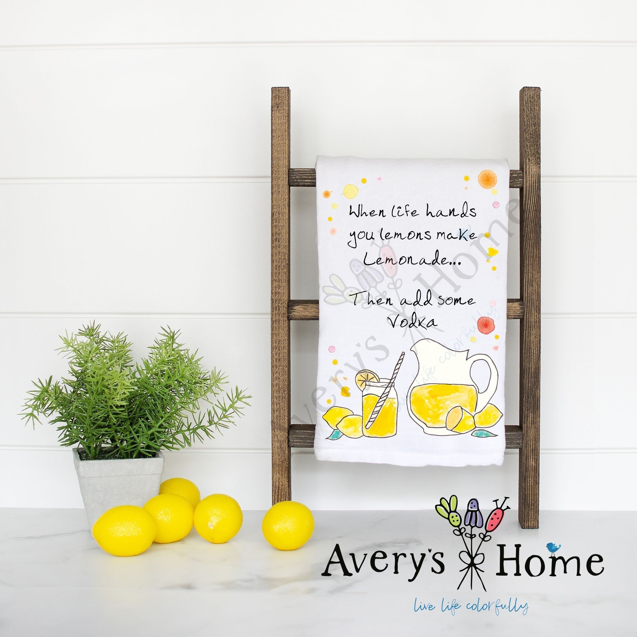 Vodka Lemonade flour sack dish towel, art by Avery Jackson