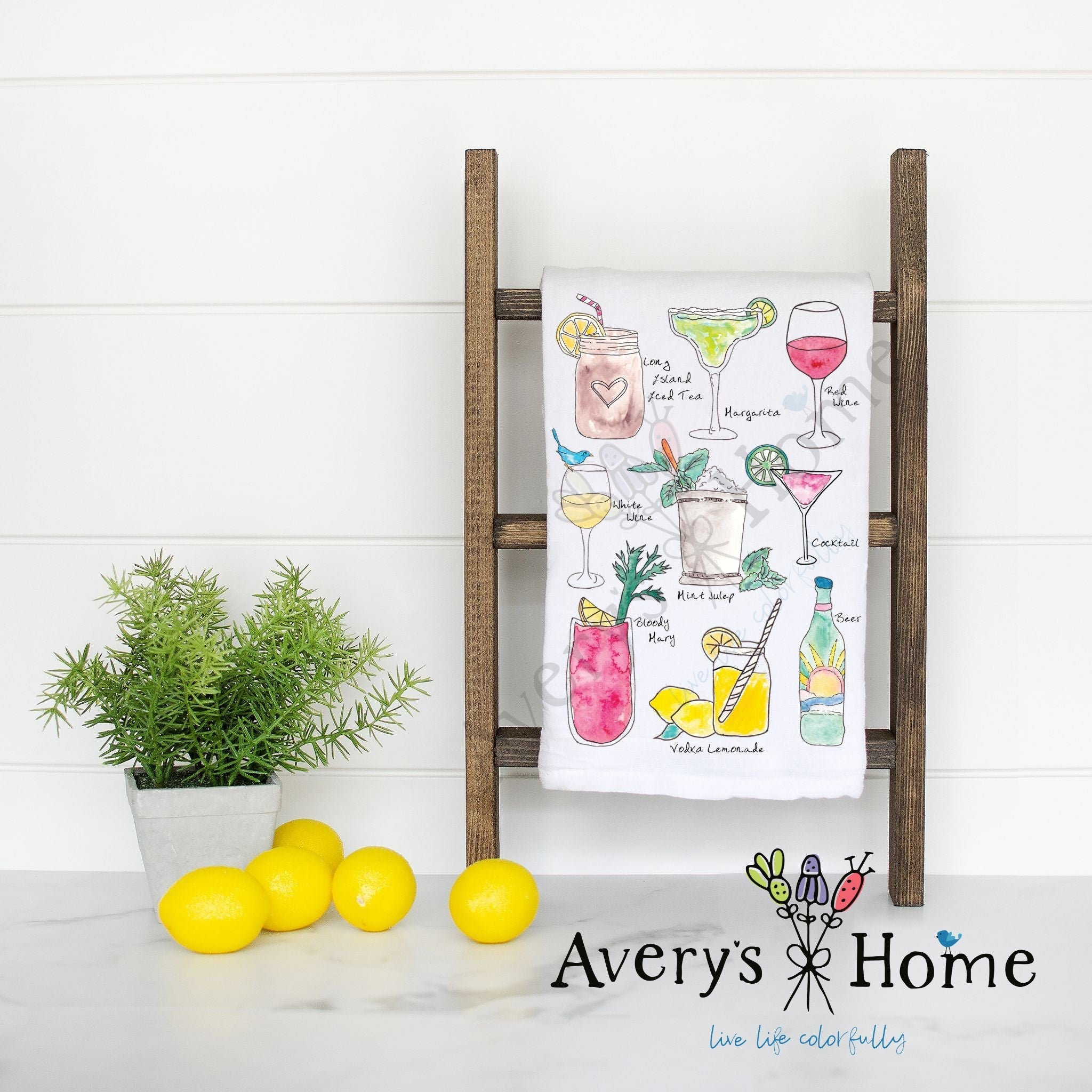 Favorite Cocktails flour sack dish towel, art by Avery Jackson
