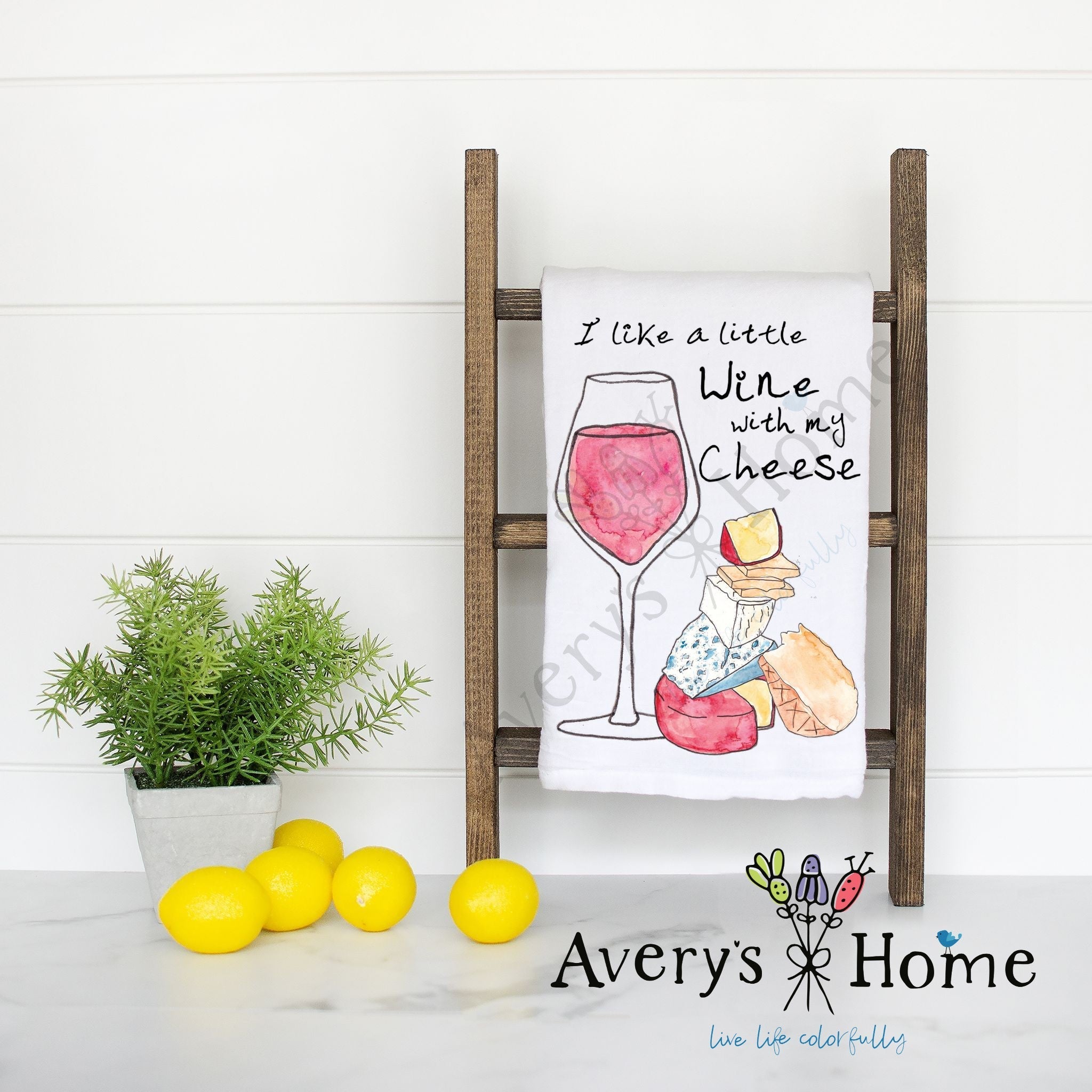 I Like a Little Wine with My Cheese flour sack dish towel, art by Avery Jackson