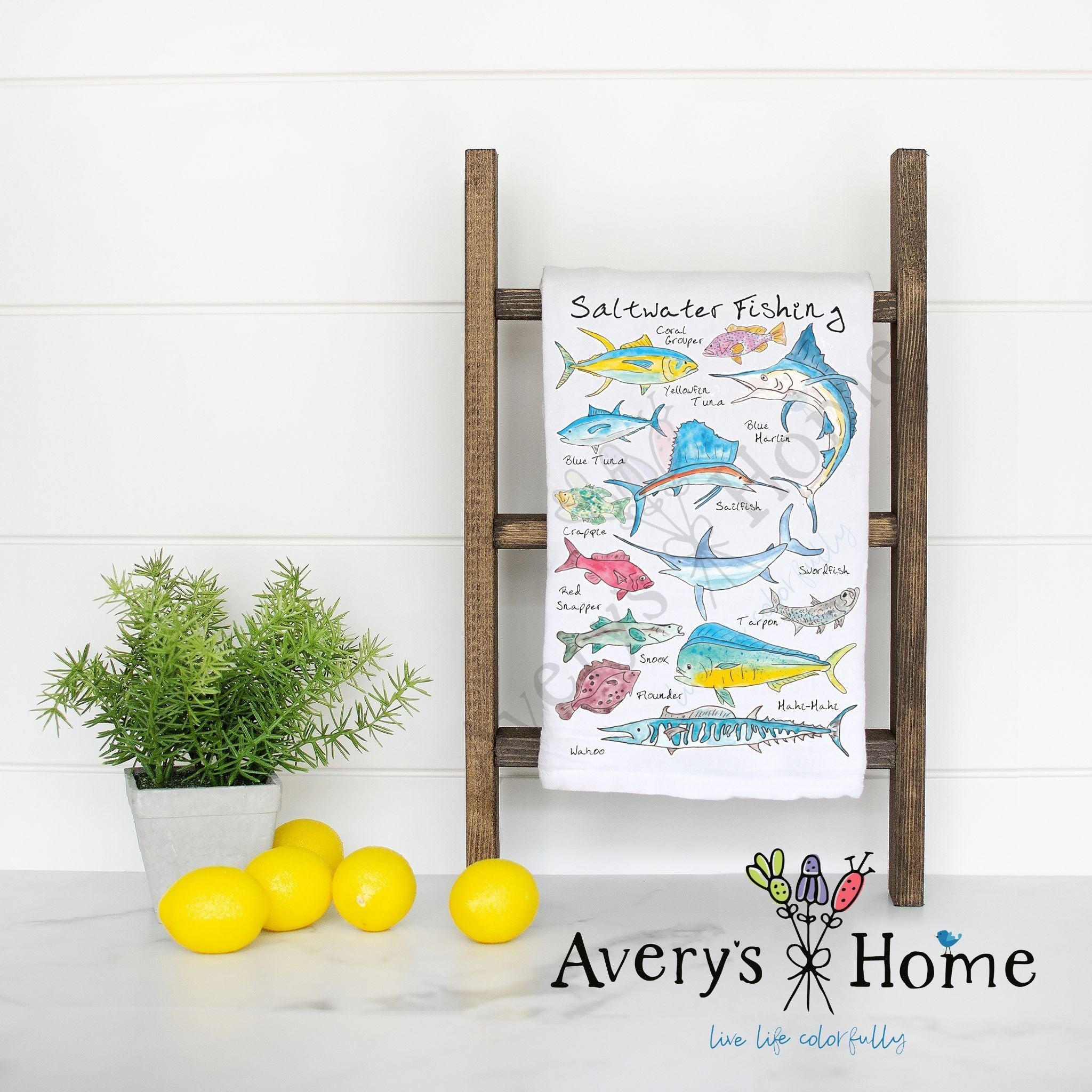 Saltwater Fishing flour sack dish towel, art by Avery Jackson