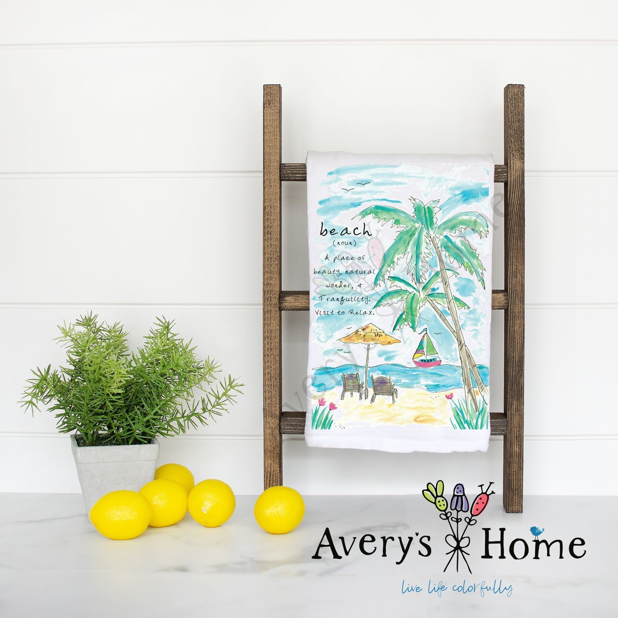 Beach Definition flour sack dish towel, art by Avery Jackson