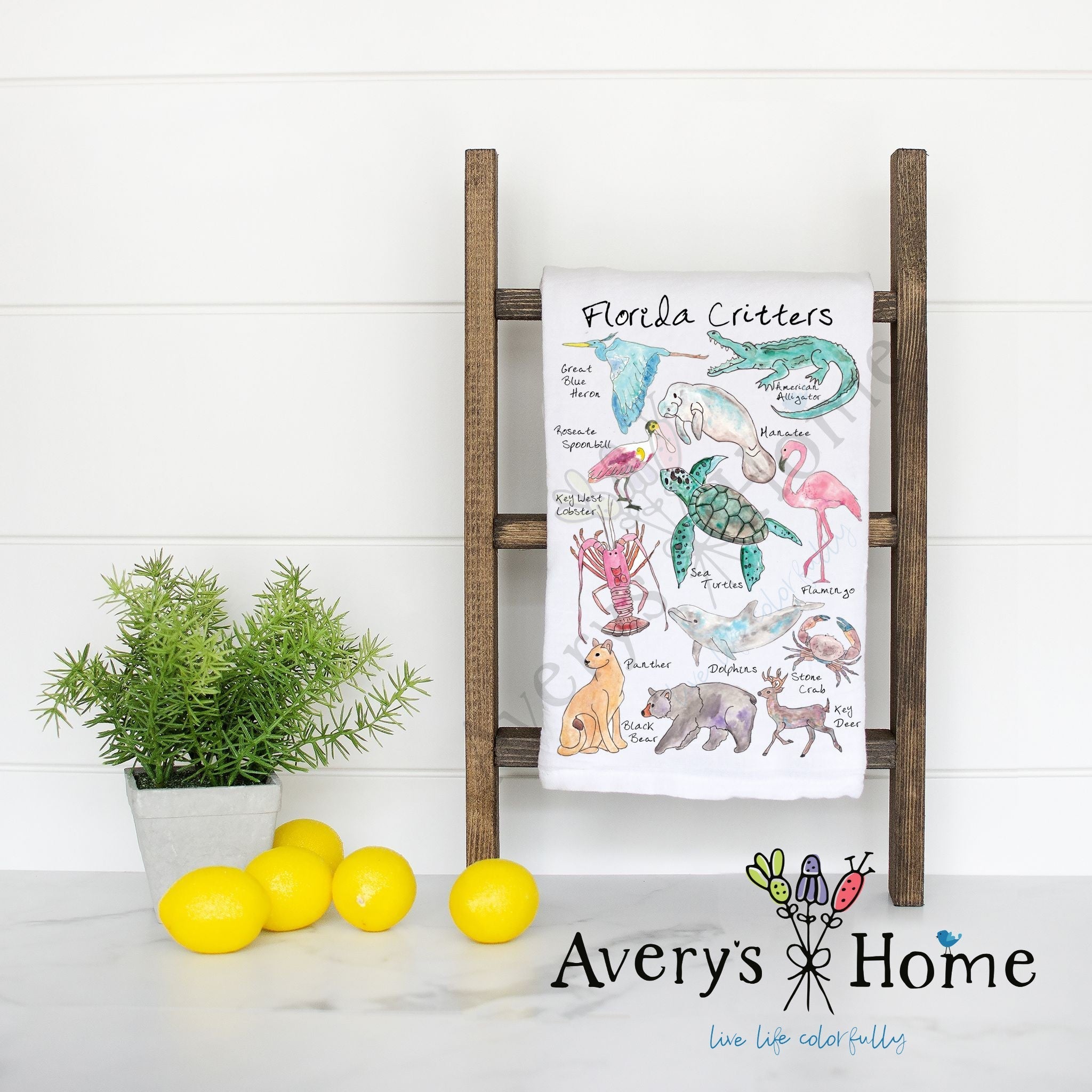 Florida Critters flour sack dish towel, art by Avery Jackson