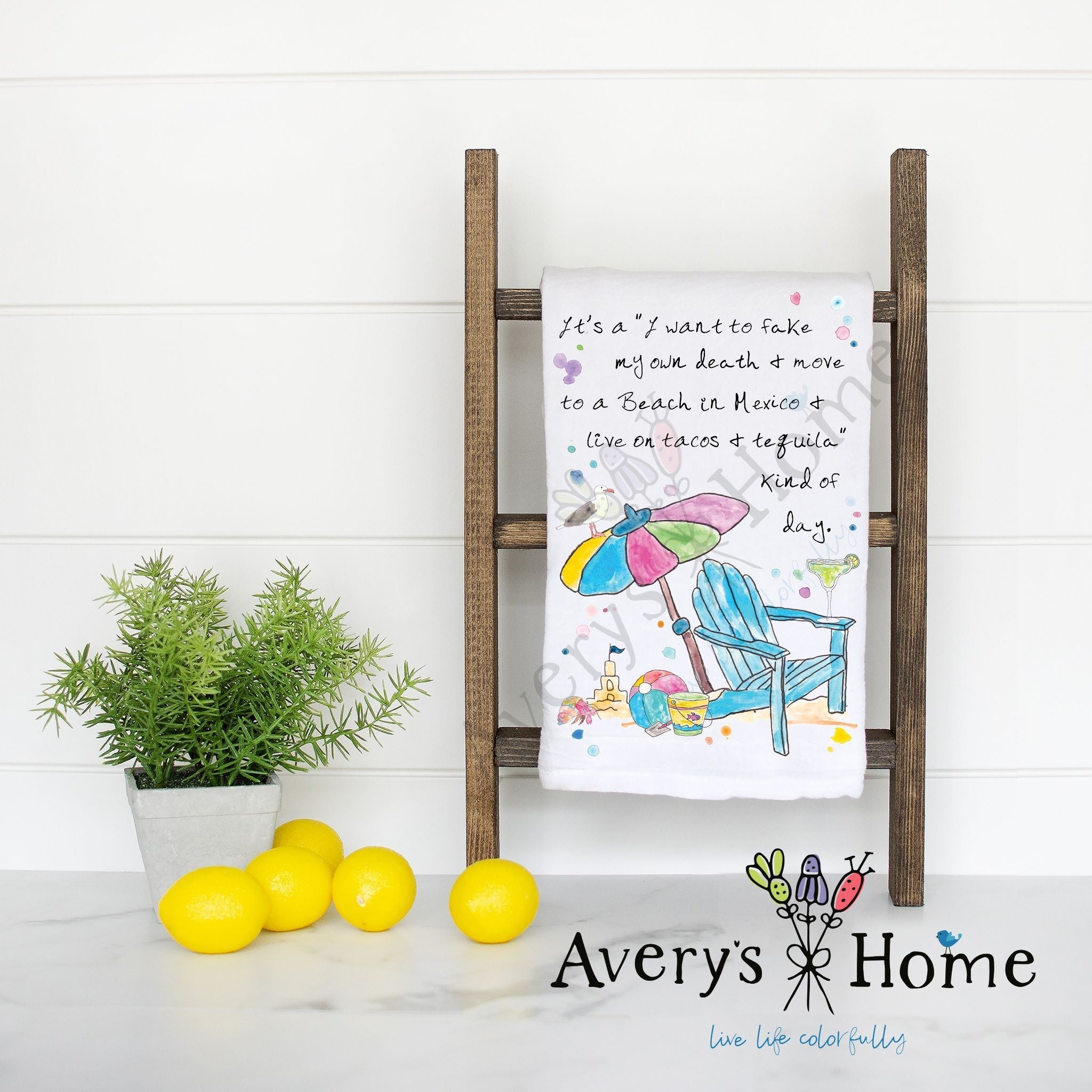 Move to the Beach with Margaritas flour sack dish towel, art by Avery Jackson
