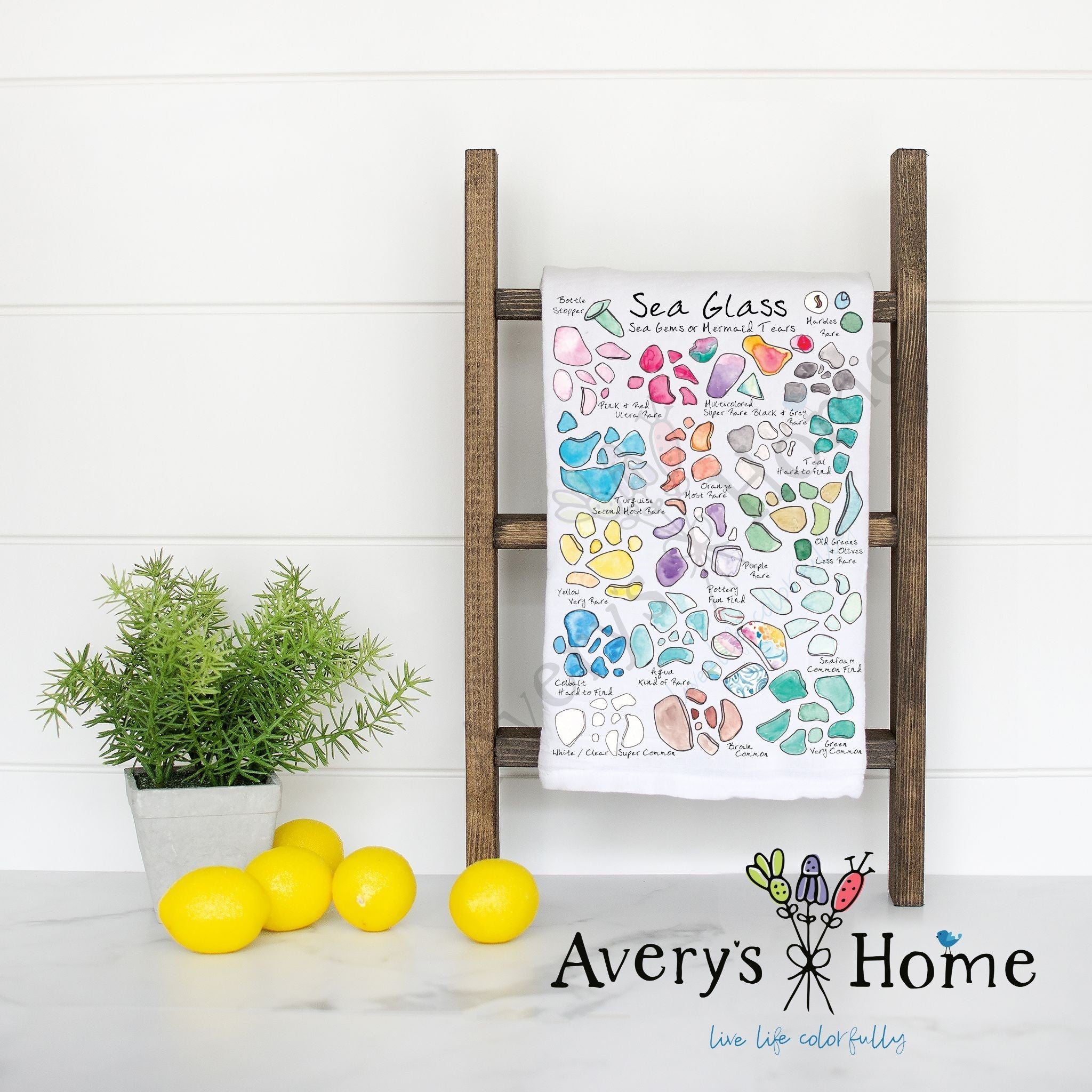 Sea Glass Collector flour sack dish towel, art by Avery Jackson