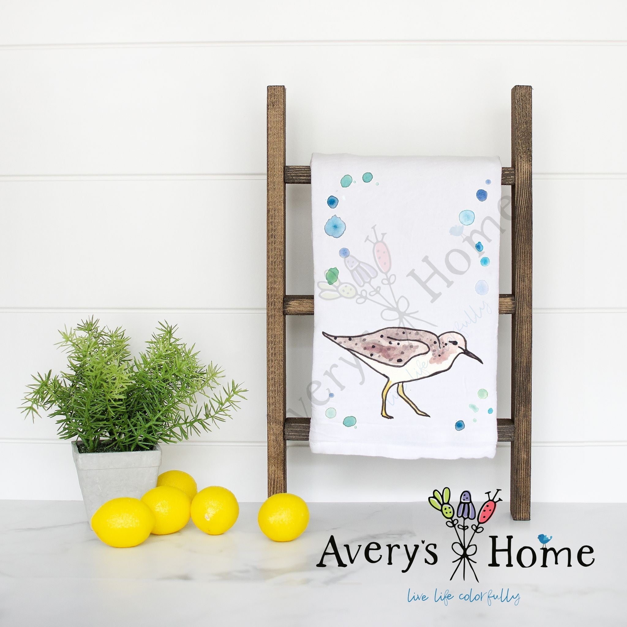 Sandpiper flour sack dish towel, art by Avery Jackson