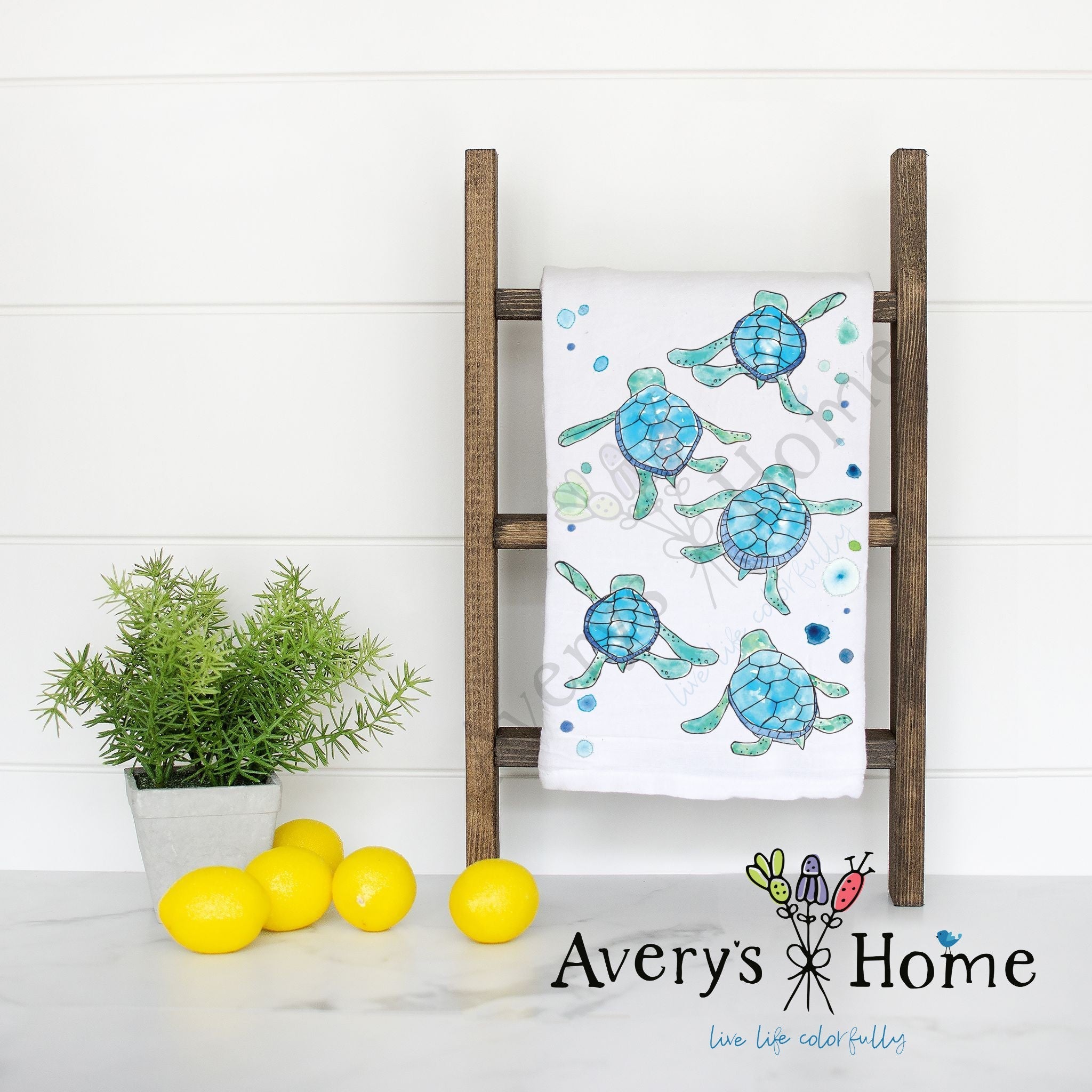 Baby Turtles Walking flour sack dish towel, art by Avery Jackson