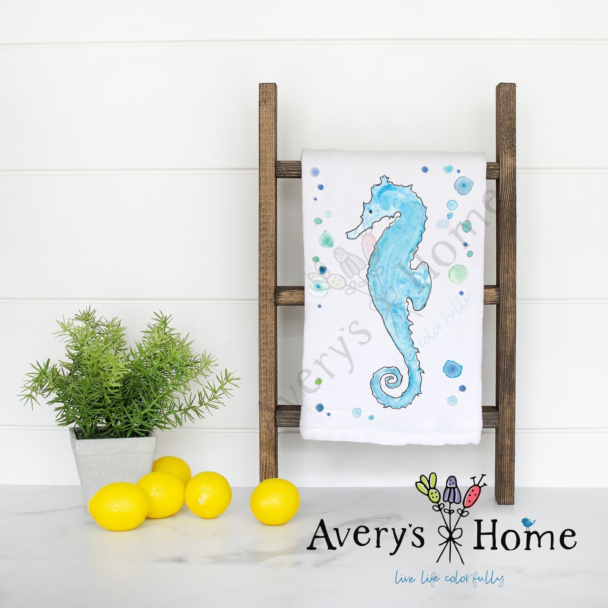 Seahorse flour sack dish towel, art by Avery Jackson