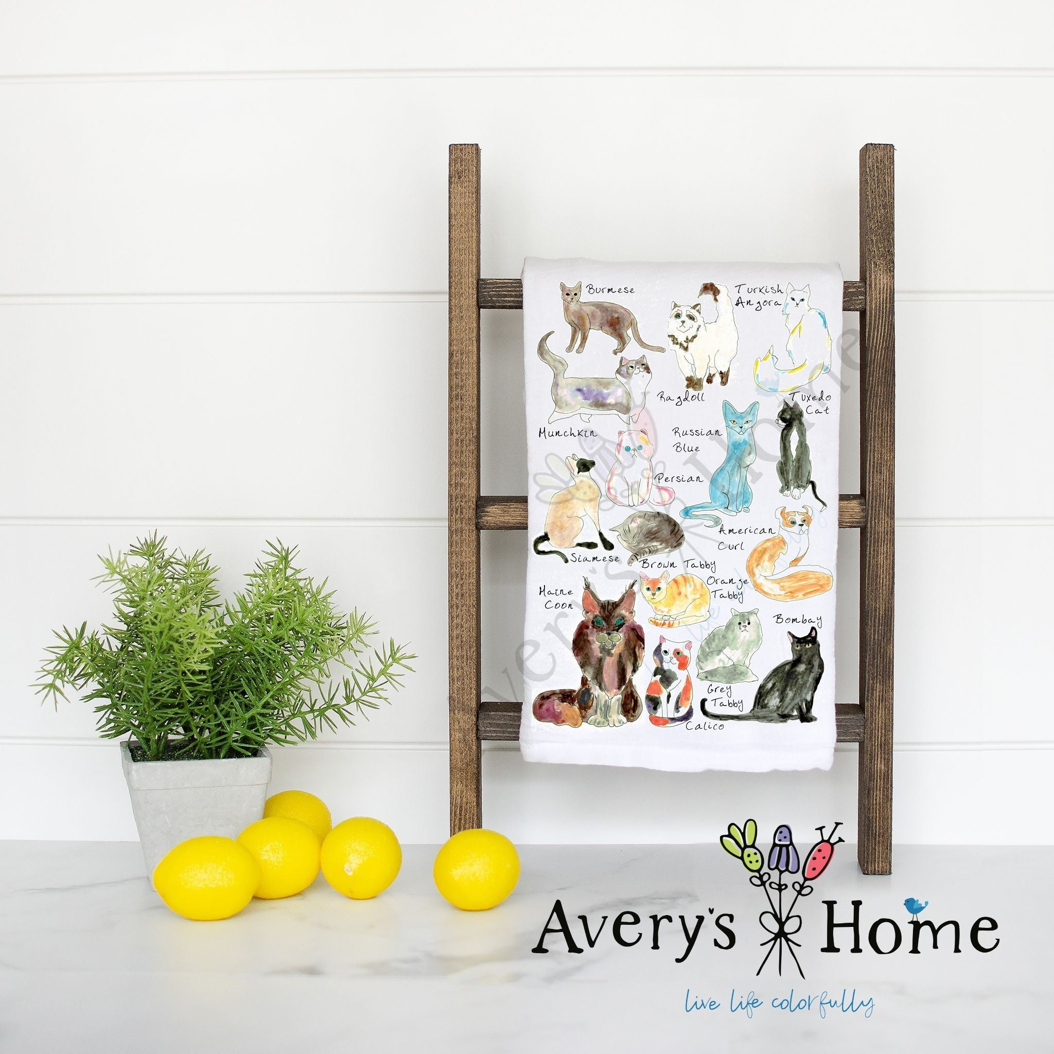 Cat Breeds flour sack dish towel, art by Avery Jackson