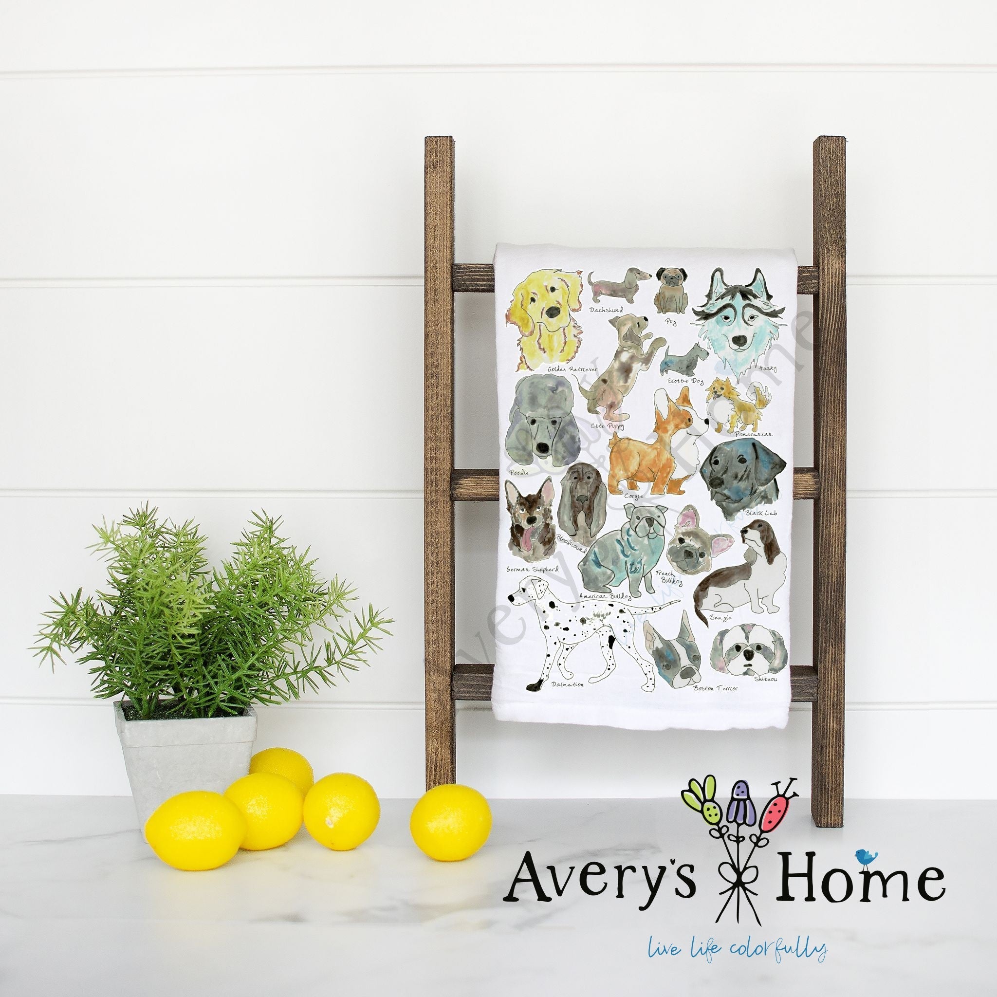 Dog Breeds flour sack dish towel, art by Avery Jackson