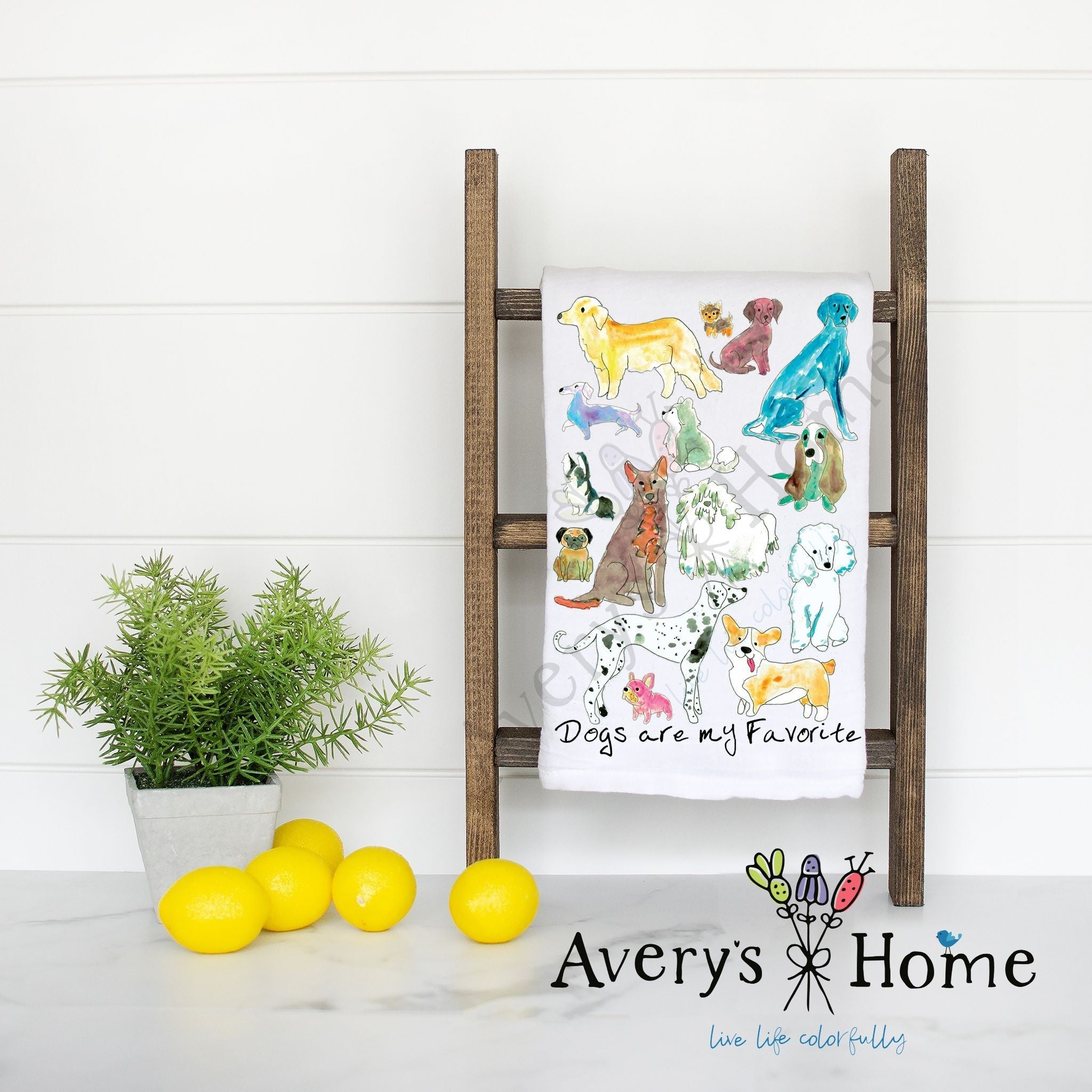 Dogs are My Favorite flour sack dish towel, art by Avery Jackson