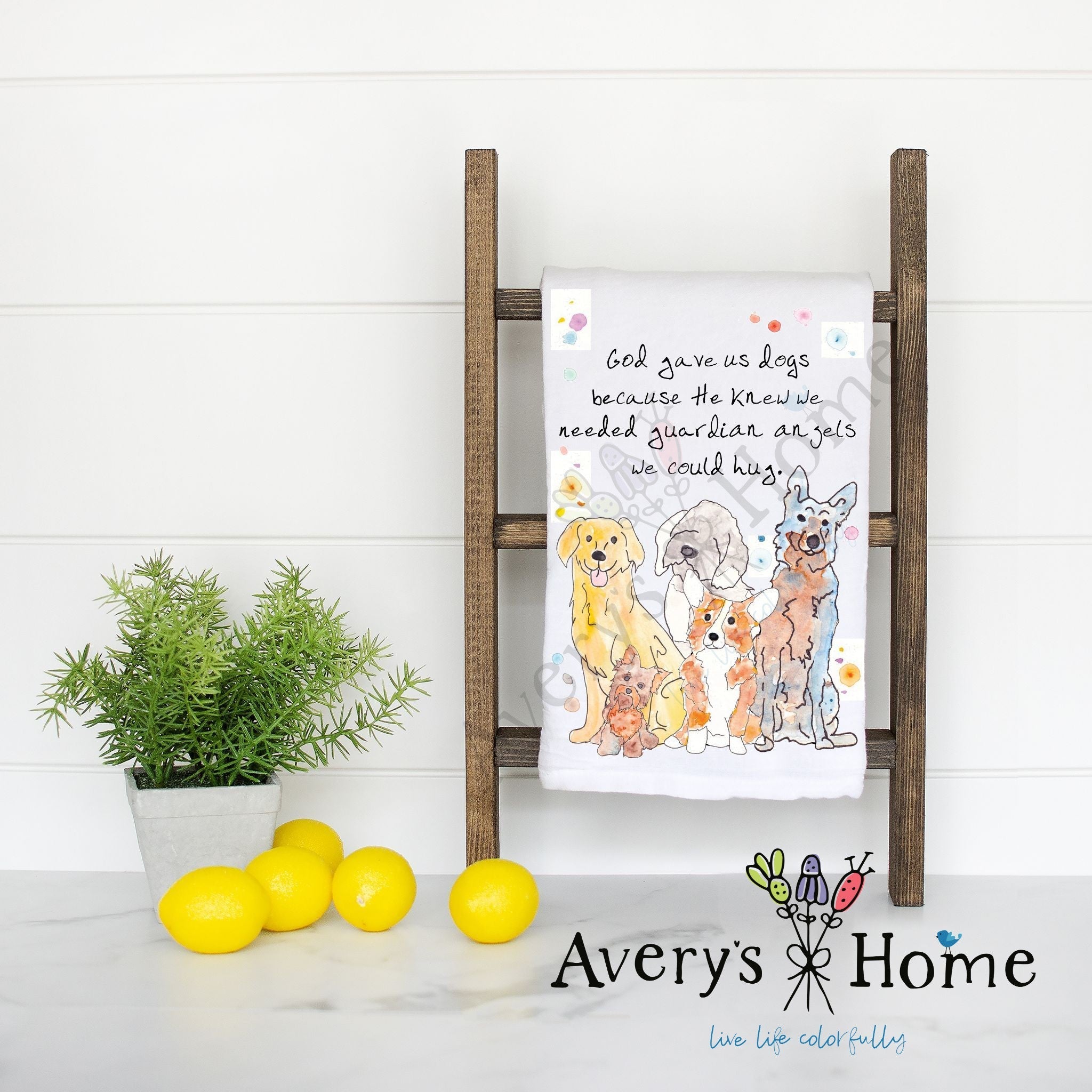 Dogs are Guardian Angels flour sack dish towel, art by Avery Jackson