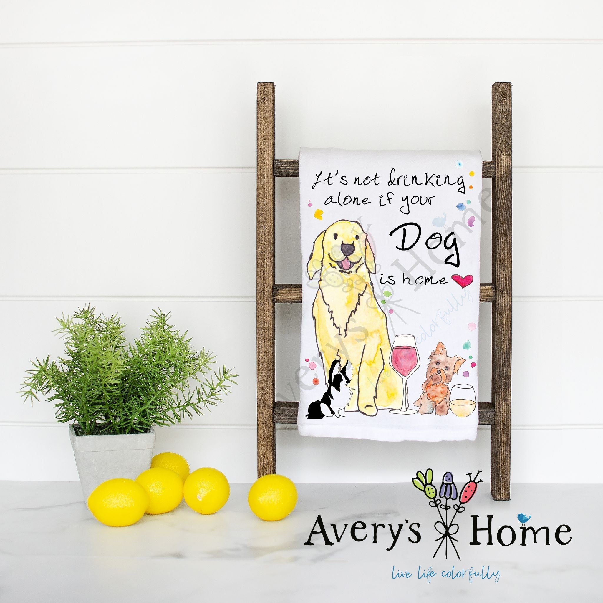Dog Drinking Buddy flour sack dish towel, art by Avery Jackson
