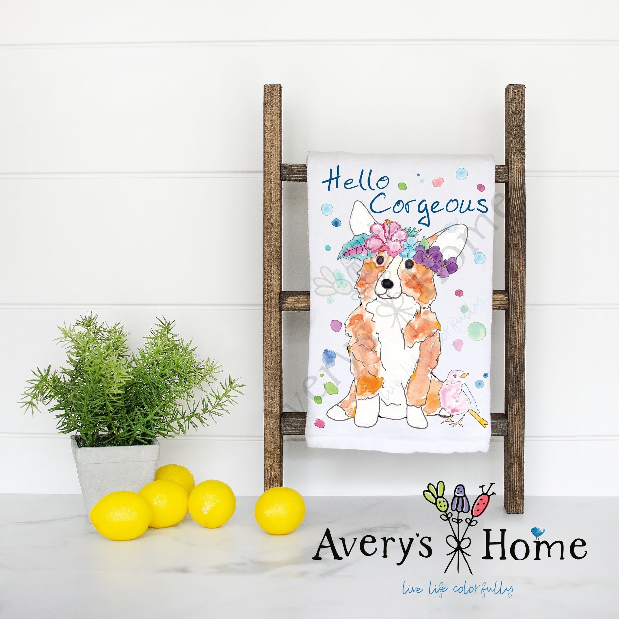 Hello Corgeous Summer Corgi flour sack dish towel, art by Avery Jackson