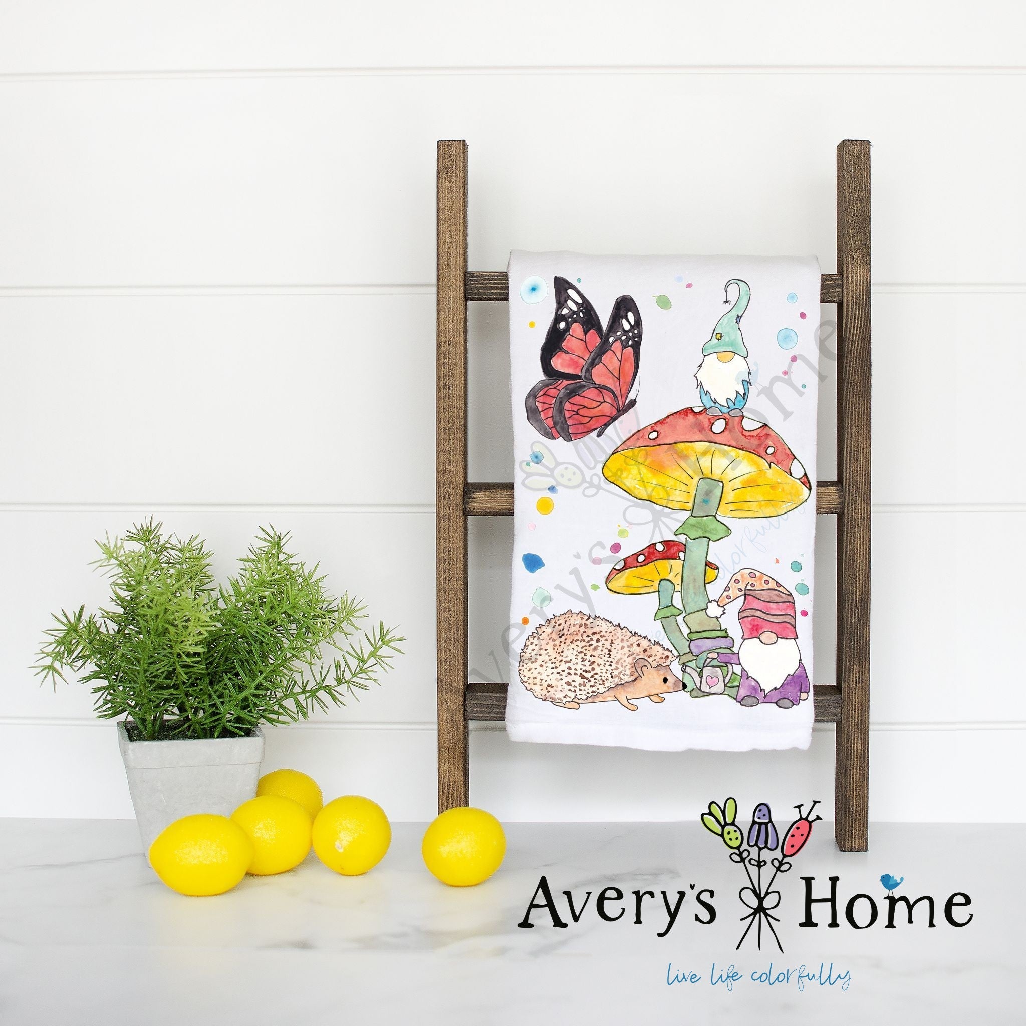 Gnome & Hedgehog flour sack dish towel, art by Avery Jackson