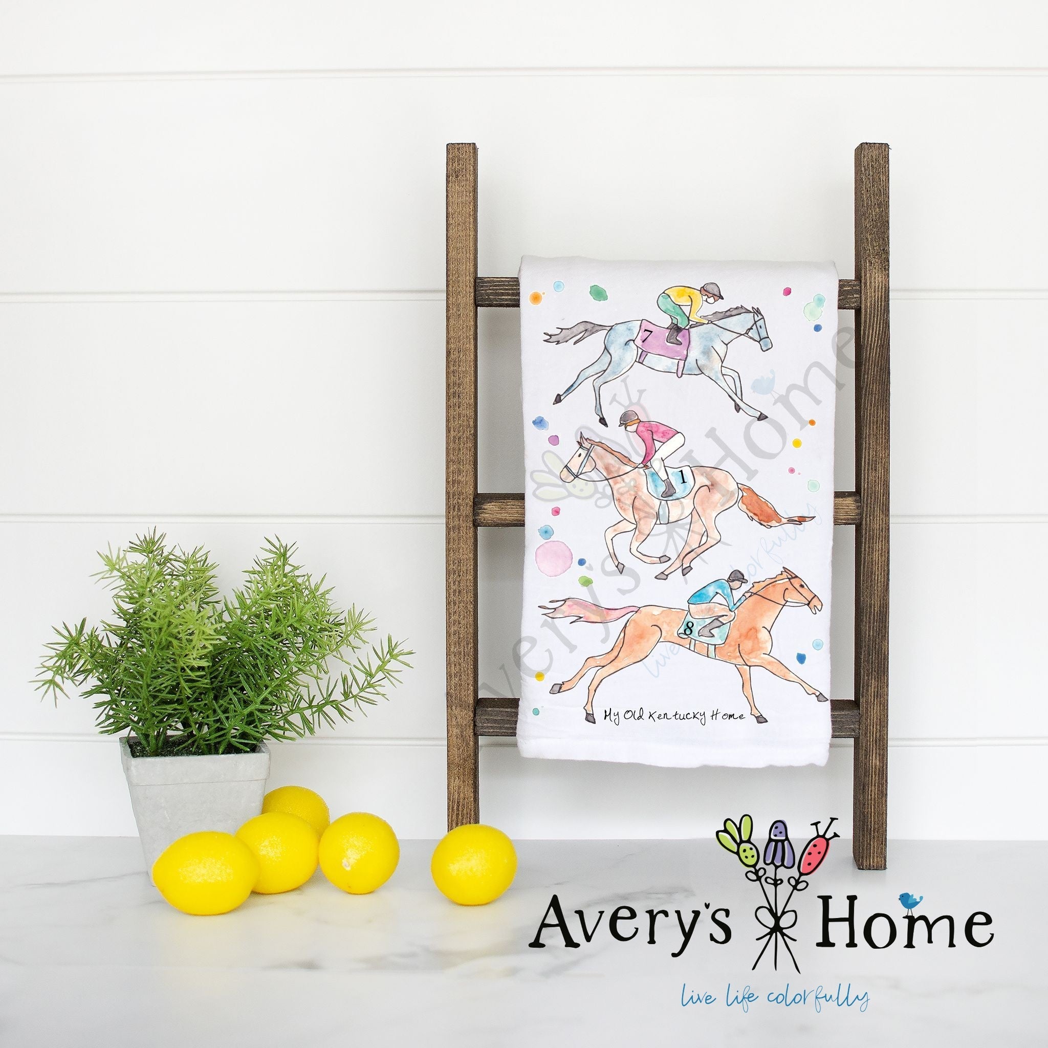 My Old Kentucky Home Derby flour sack dish towel, art by Avery Jackson