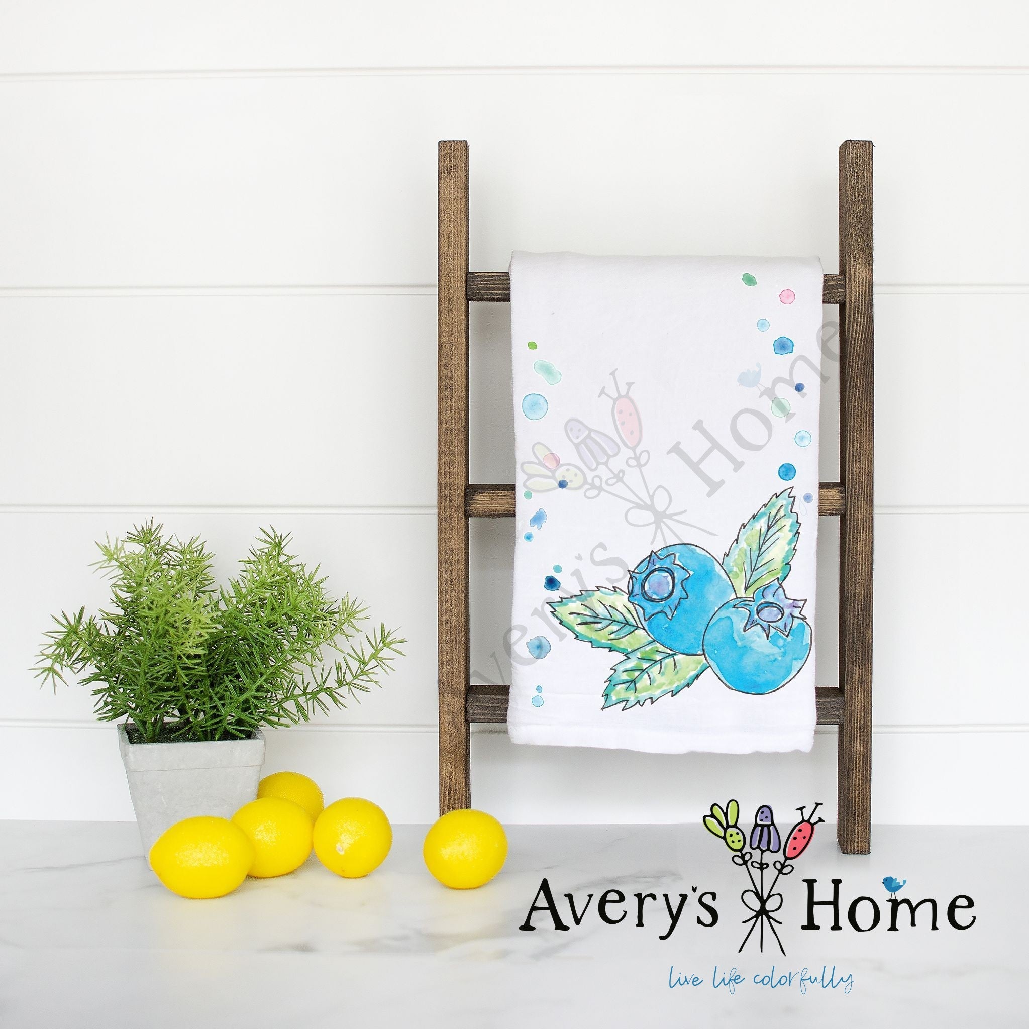 Blueberries flour sack dish towel, art by Avery Jackson