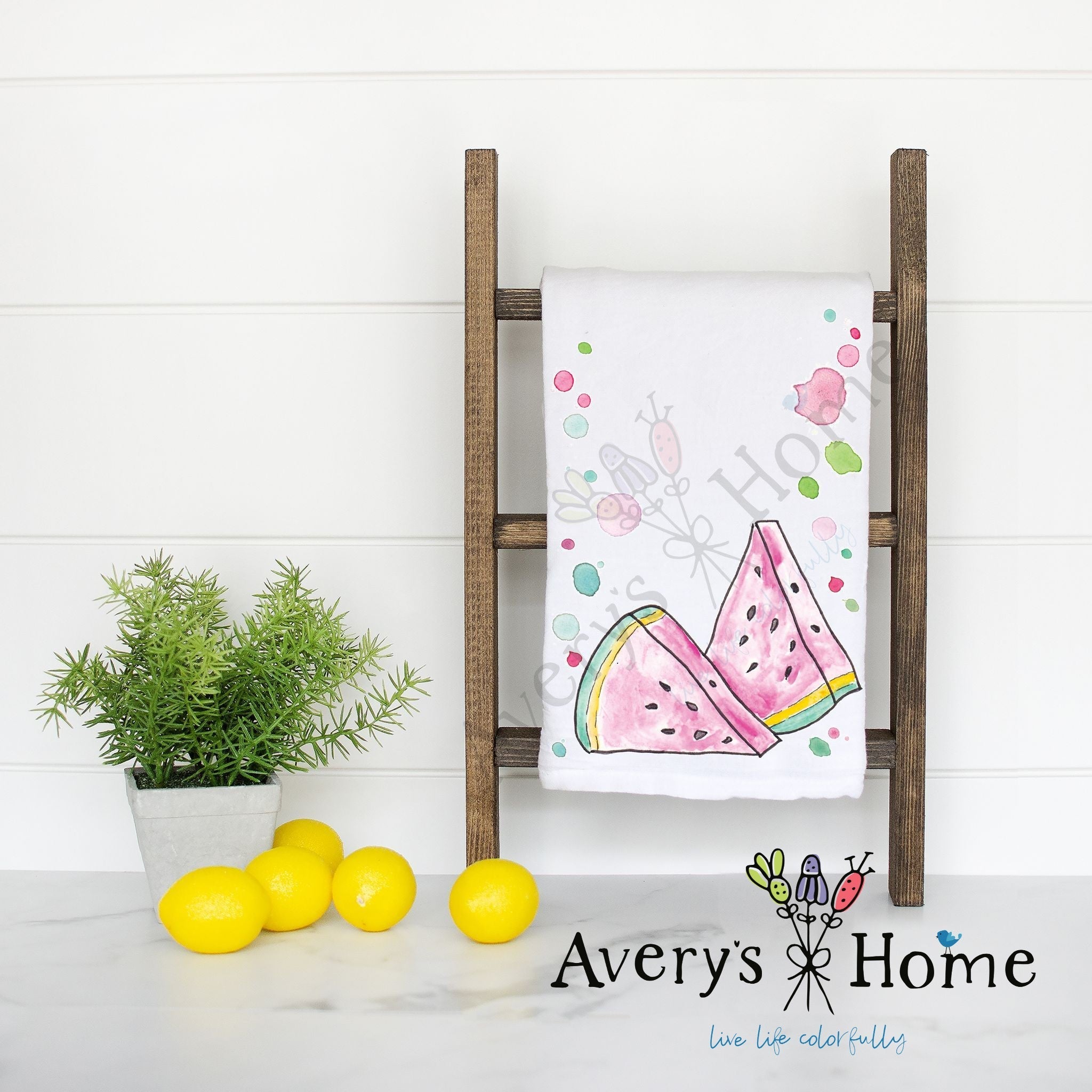 Watermelon flour sack dish towel, art by Avery Jackson