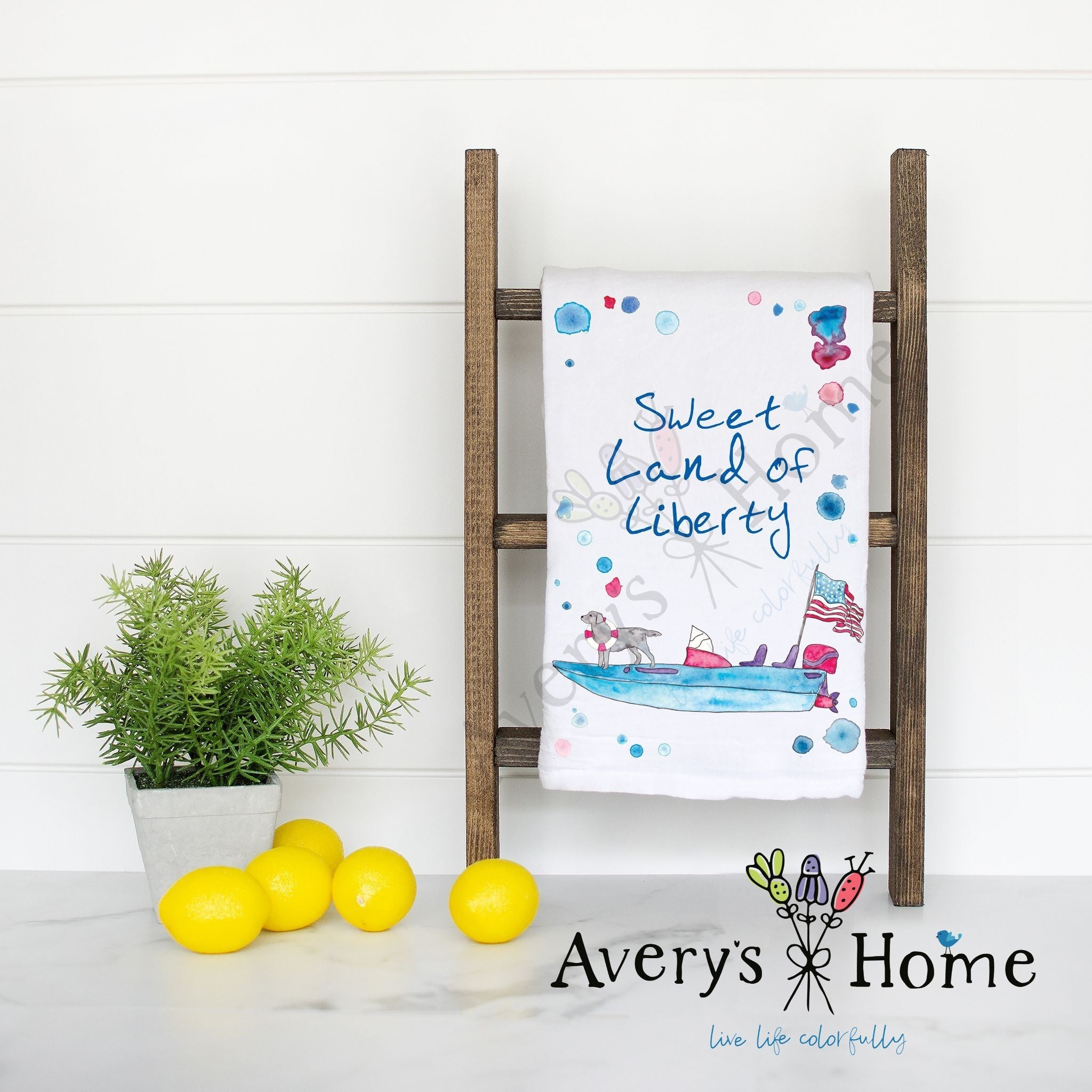 Sweet Land of Liberty flour sack dish towel, art by Avery Jackson