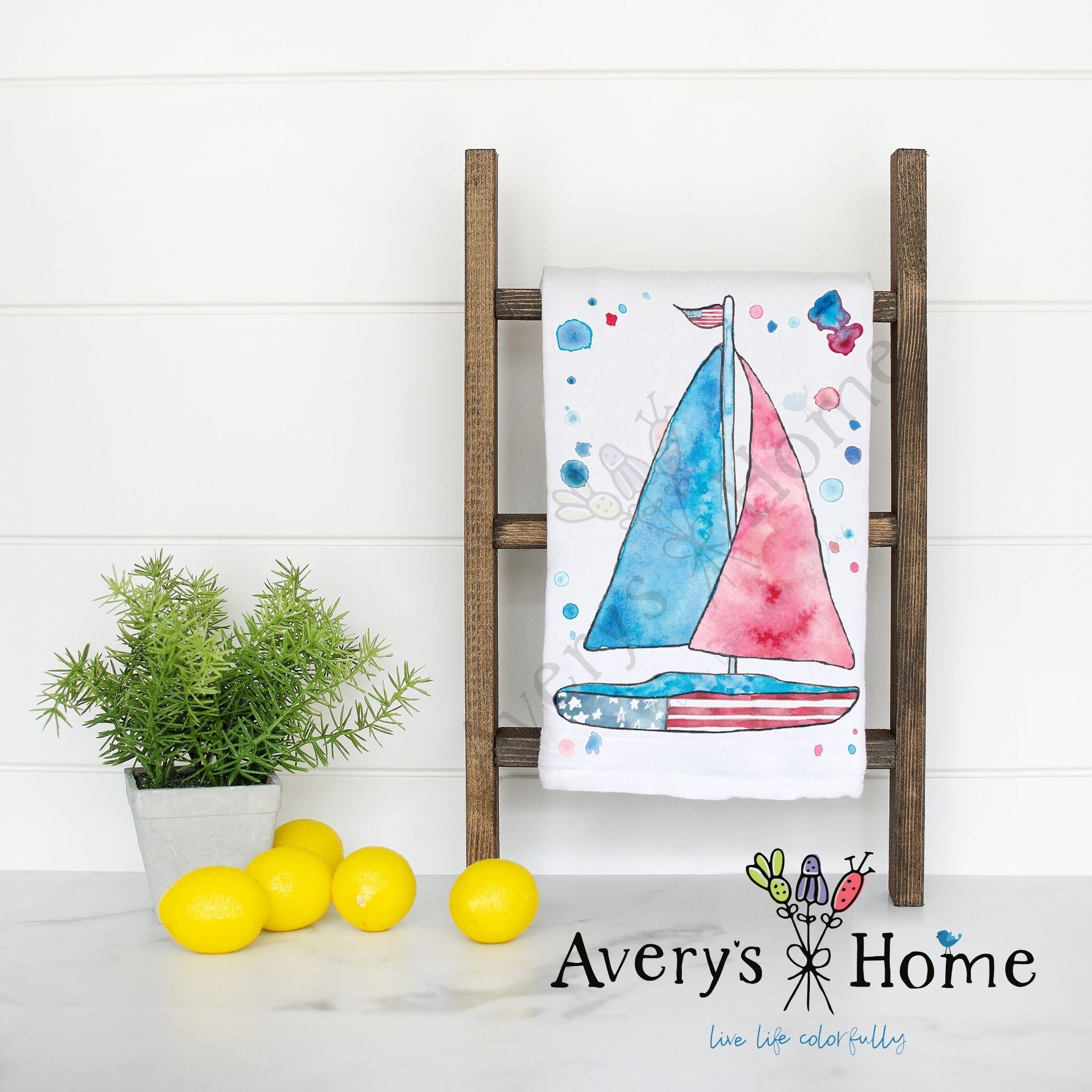 USA Sailboat flour sack dish towel, art by Avery Jackson