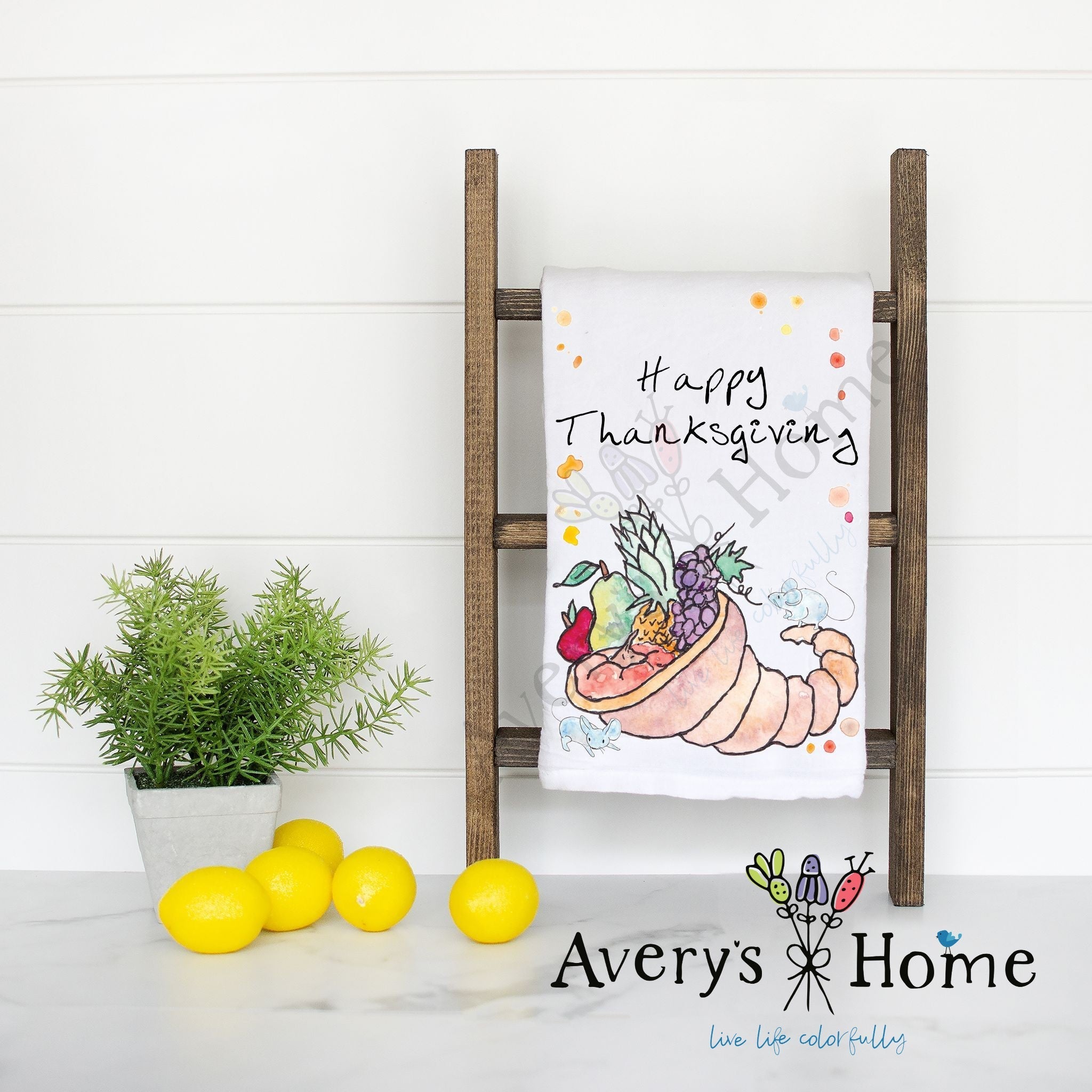 Thanksgiving Cornucopia flour sack dish towel, art by Avery Jackson