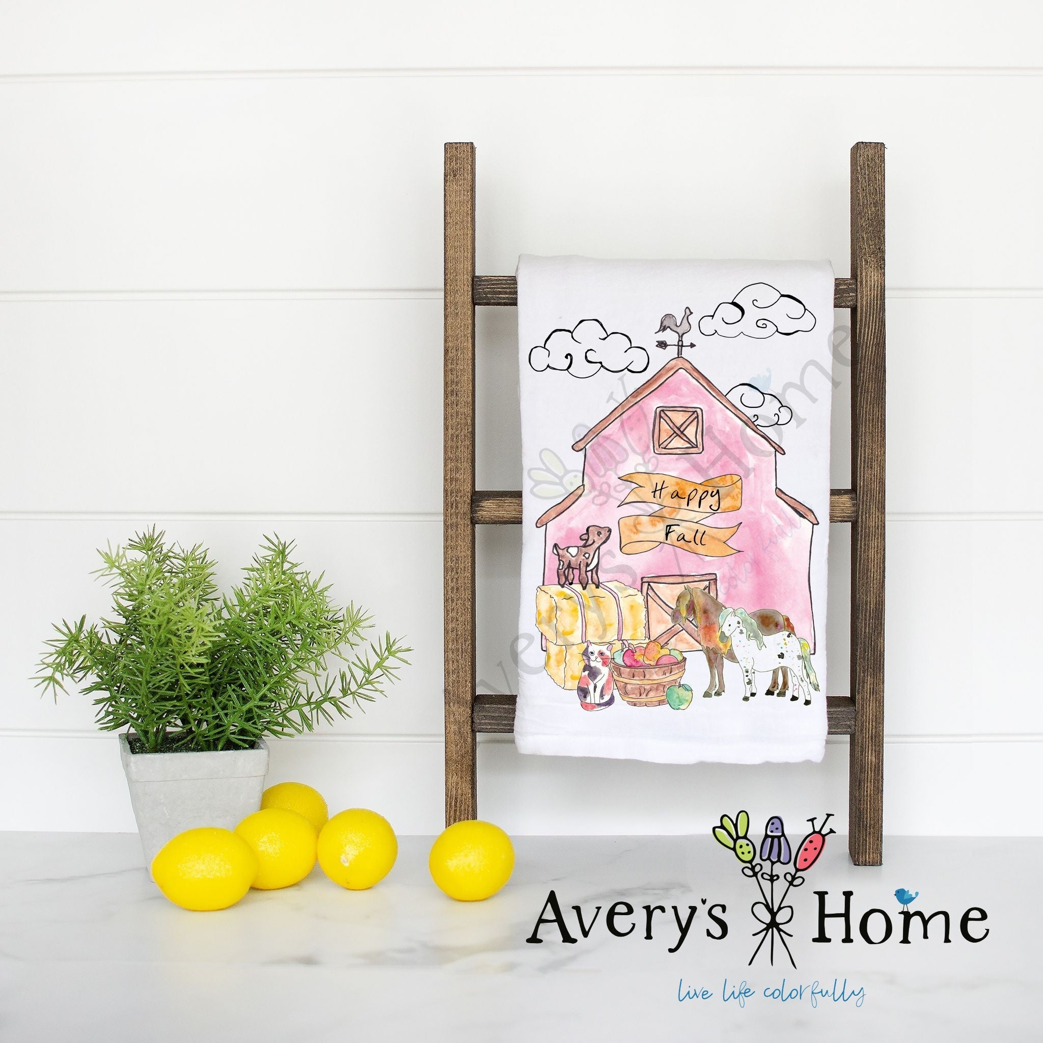 Fall Barn flour sack dish towel, art by Avery Jackson