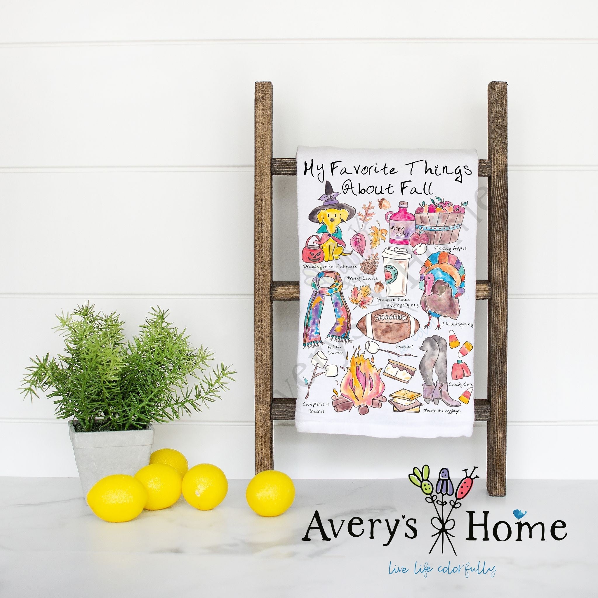 Favorite Things About Fall flour sack dish towel, art by Avery Jackson