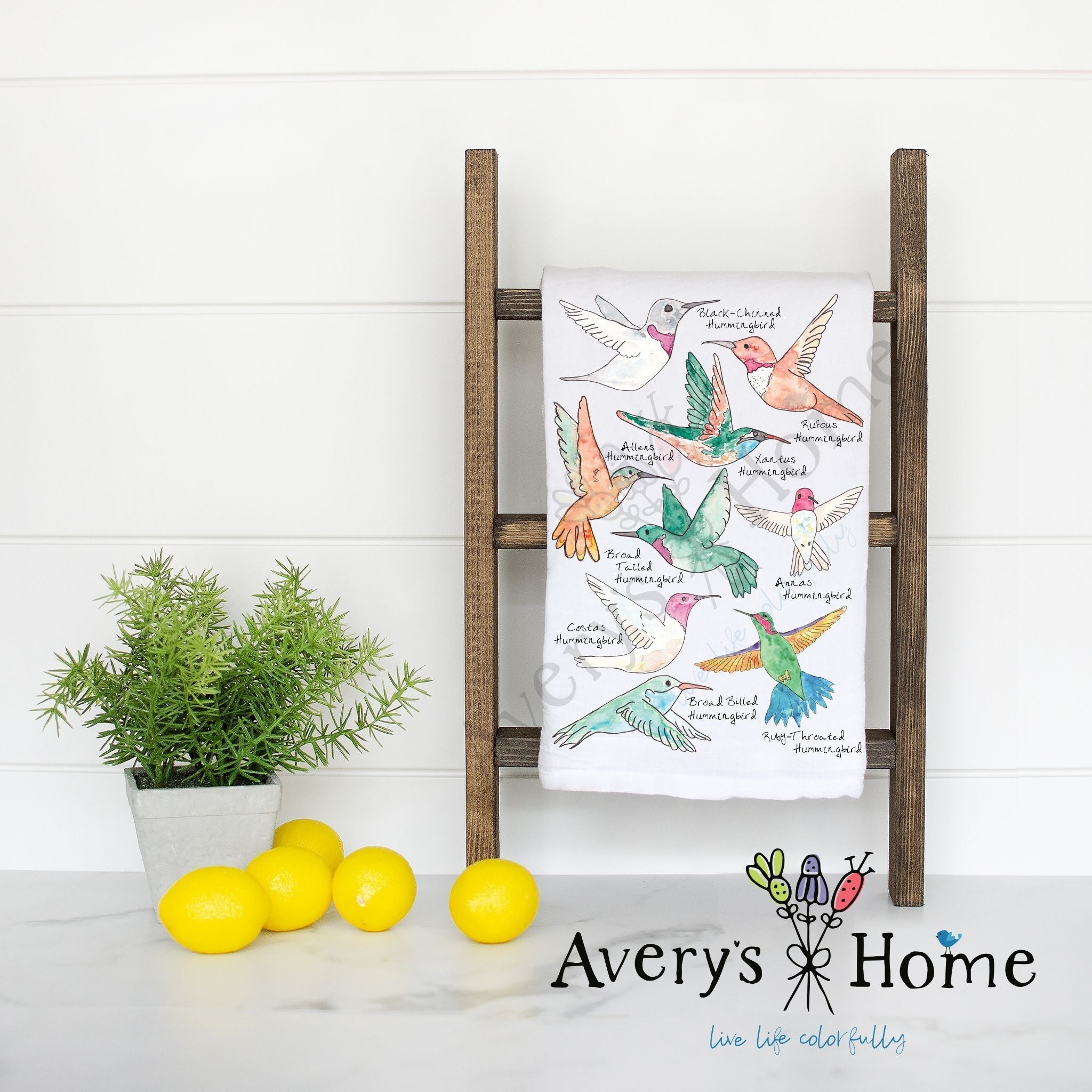 North America Hummingbirds flour sack dish towel, art by Avery Jackson