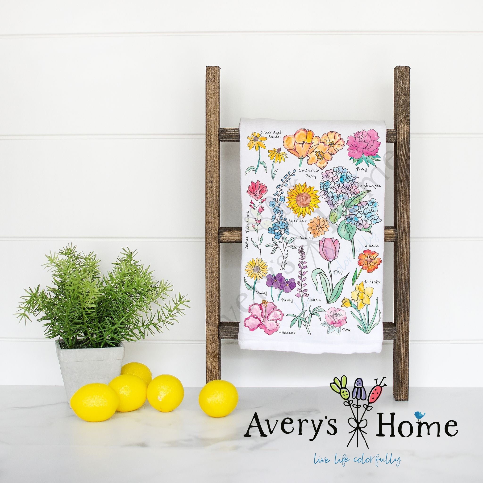 Popular Flowers flour sack dish towel, art by Avery Jackson