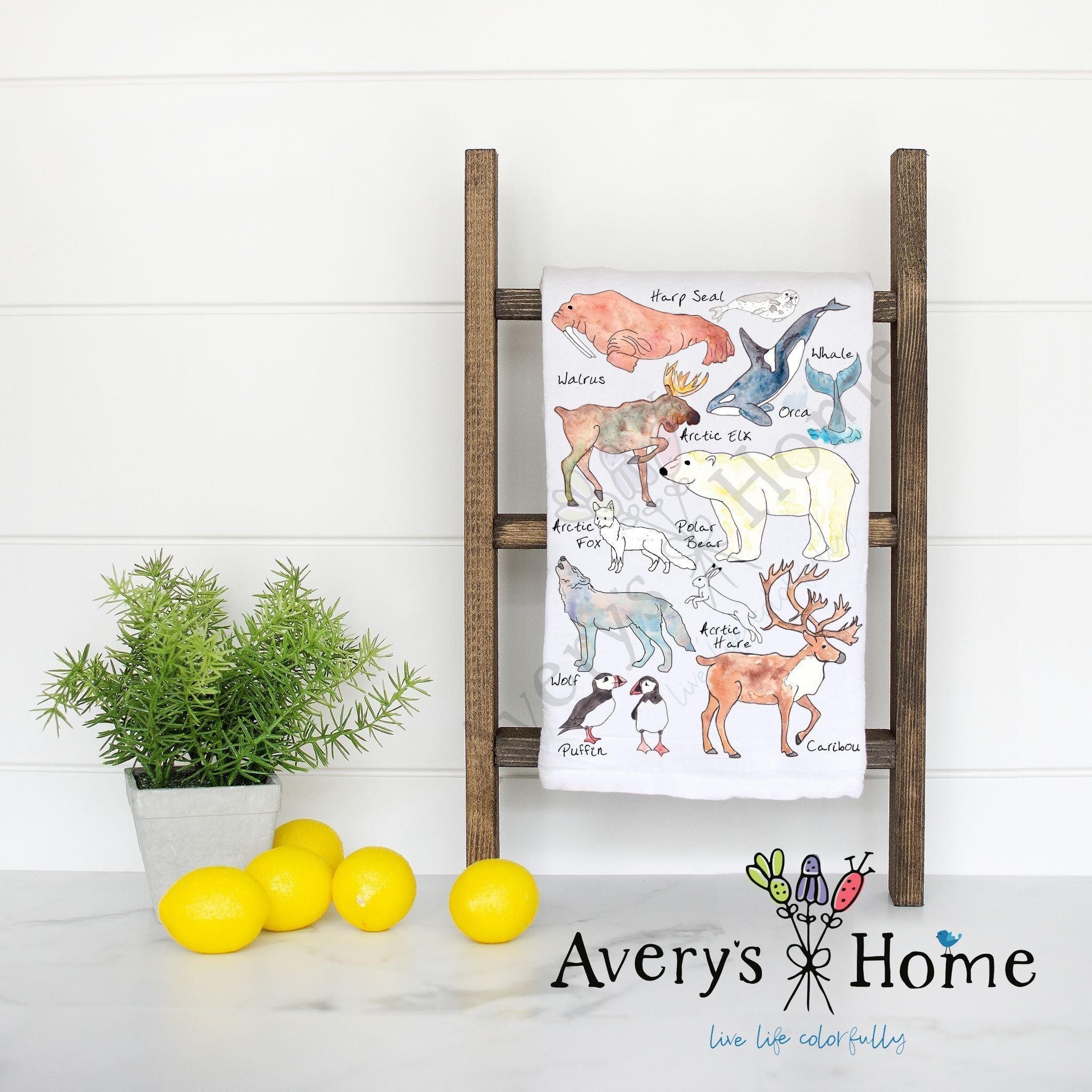 Arctic Wildlife flour sack dish towel, art by Avery Jackson