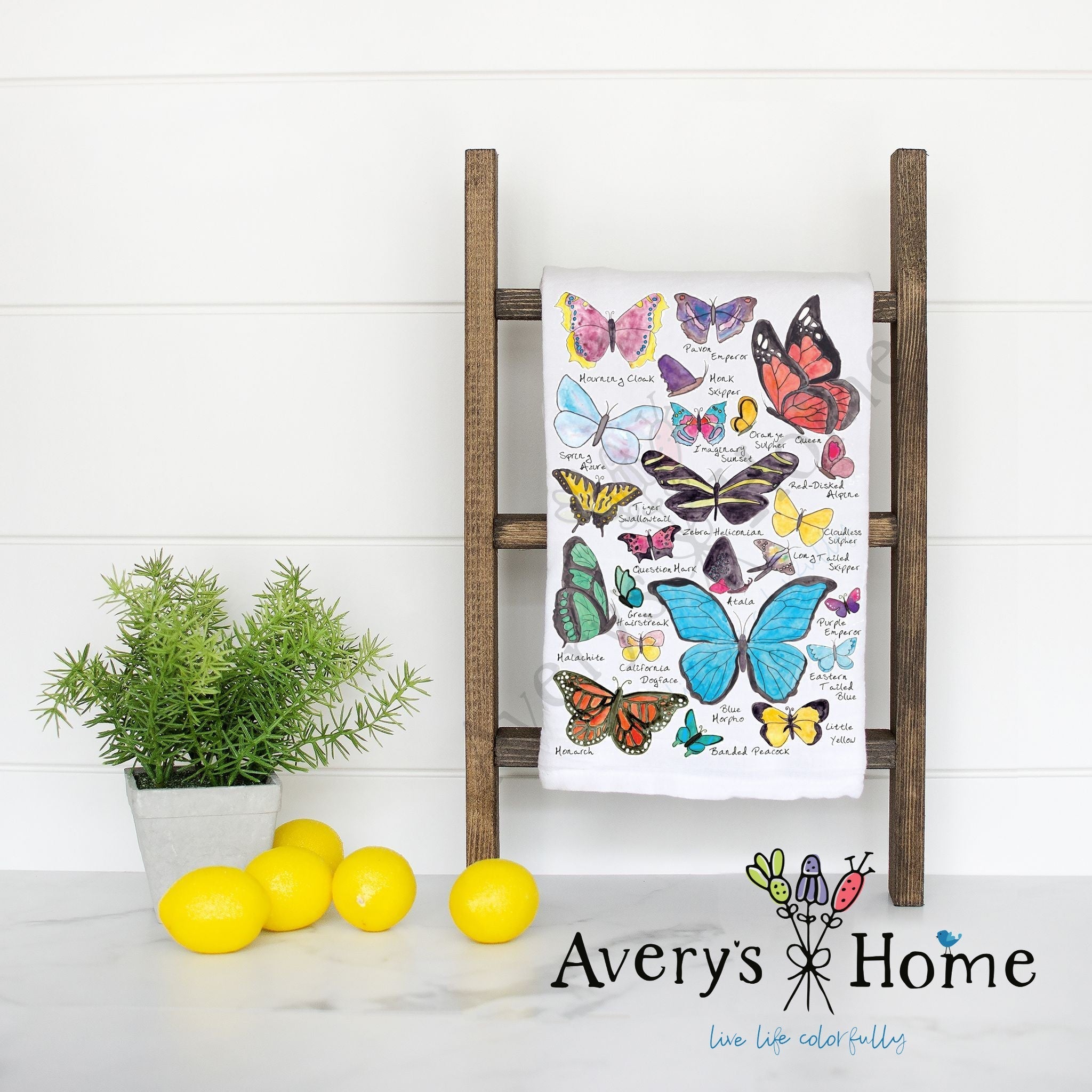 Butterfly Garden flour sack dish towel, art by Avery Jackson
