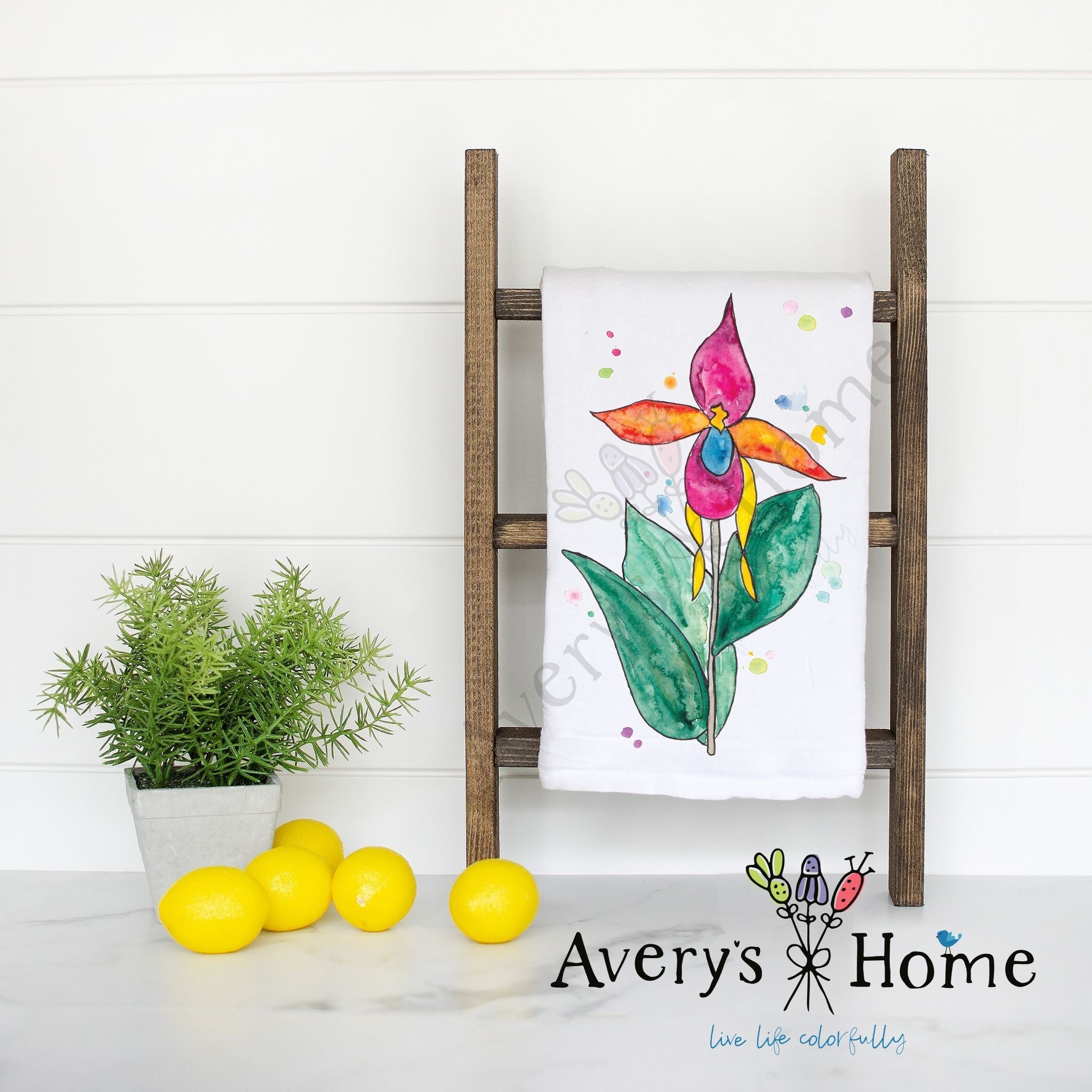 Colorful Flower flour sack dish towel, art by Avery Jackson
