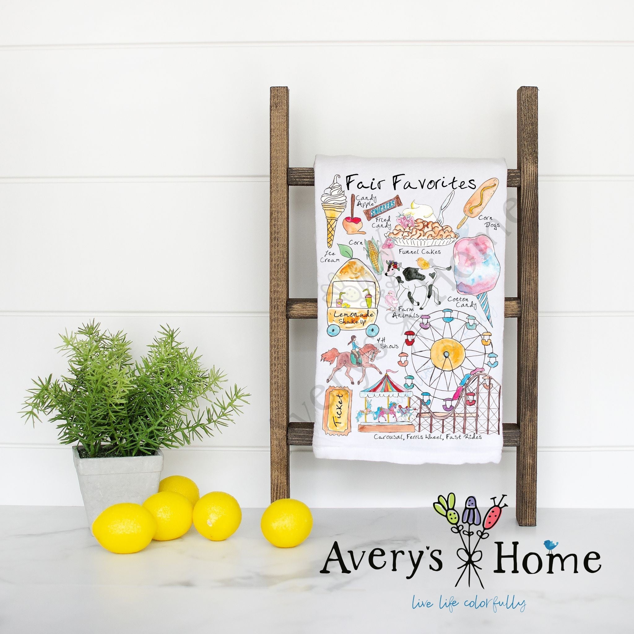 Fair Favorites flour sack dish towel, art by Avery Jackson