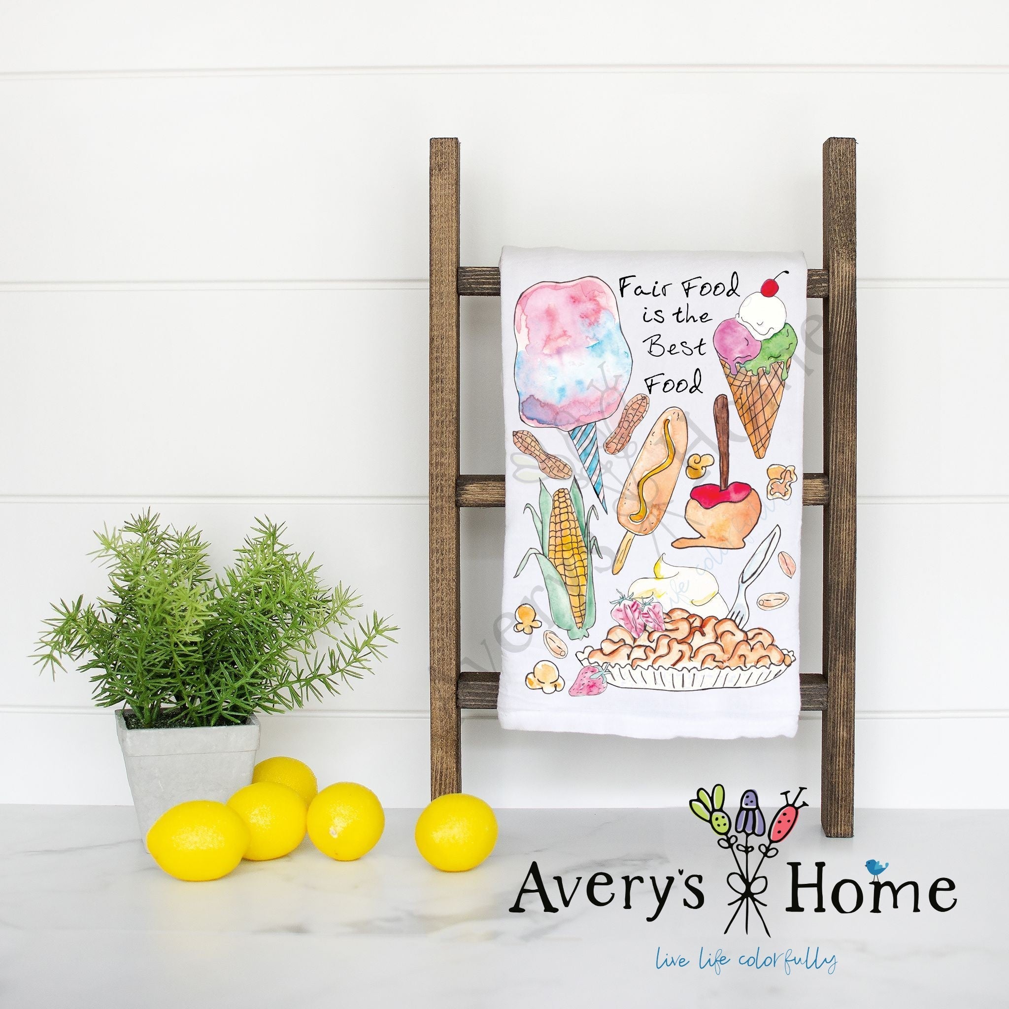 Fair Food is the Best Food flour sack dish towel, art by Avery Jackson