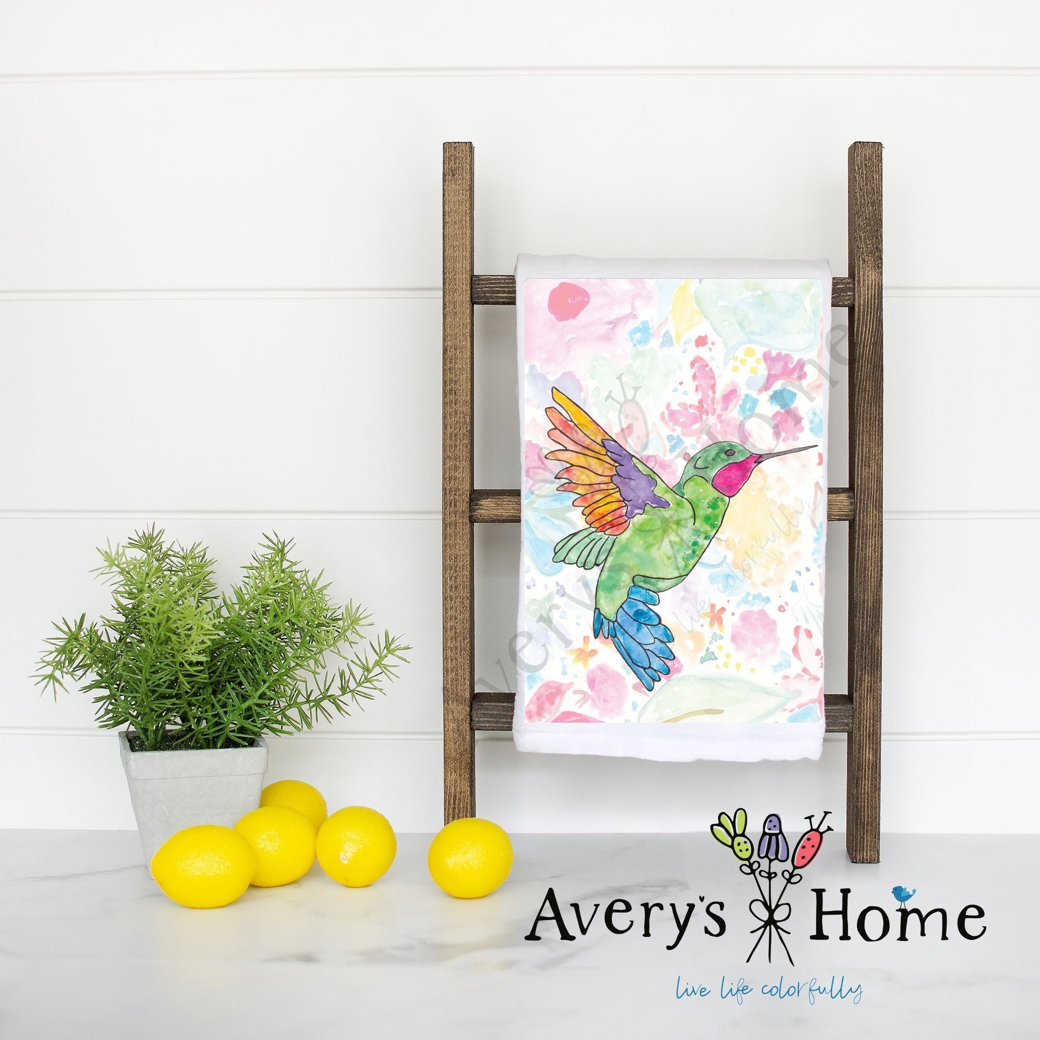 Ruby Throated Hummingbird flour sack dish towel, art by Avery Jackson